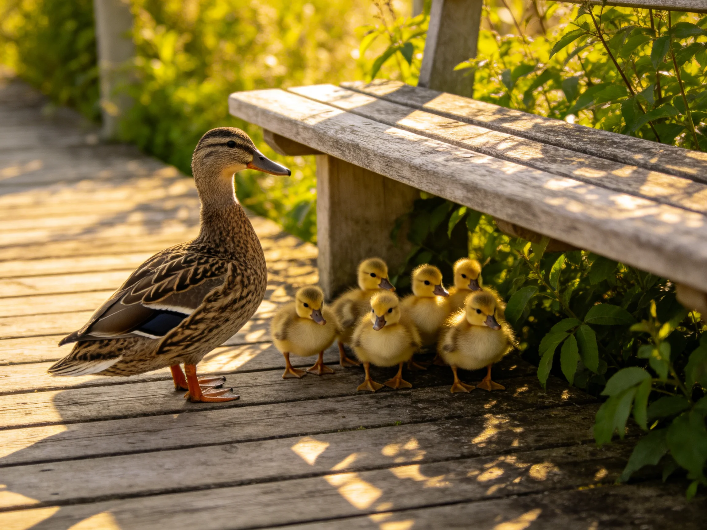 A mother duck with five yellow ducklings beside a weathered wooden bench