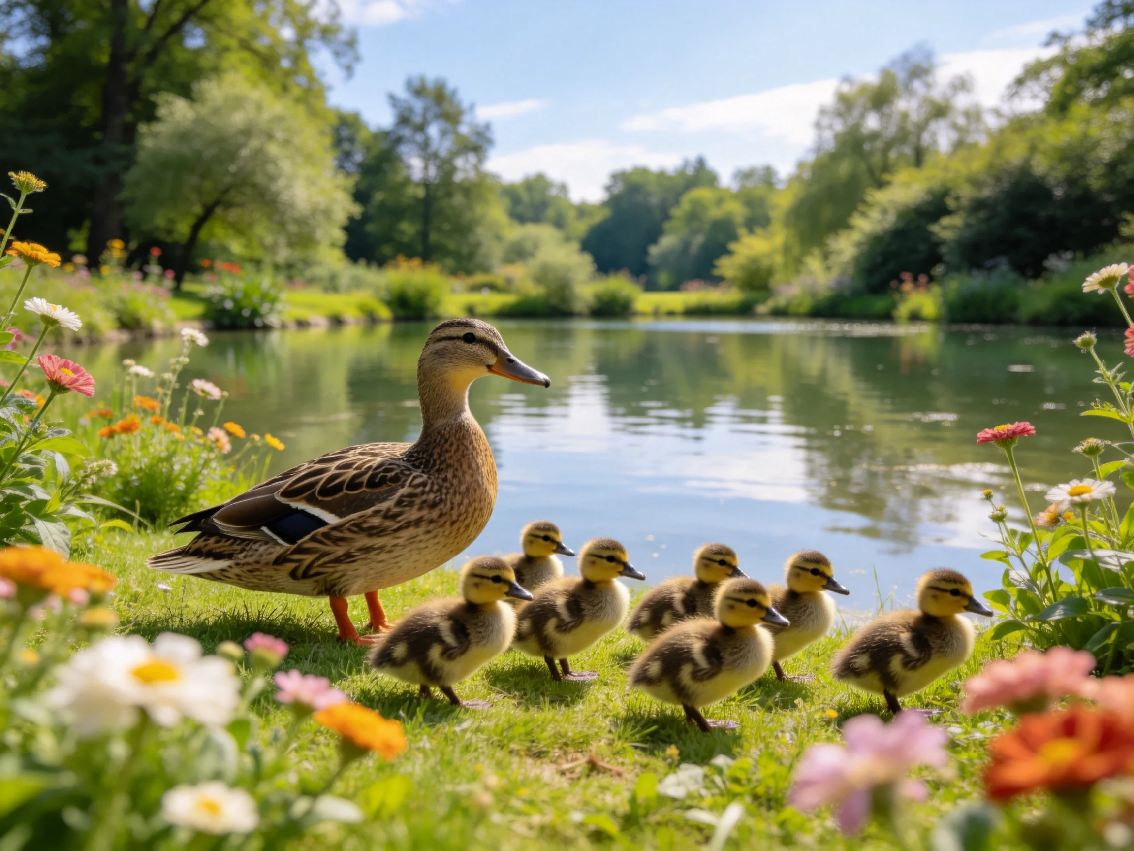 A mother duck with six ducklings by a serene pond amid vibrant wildflowers