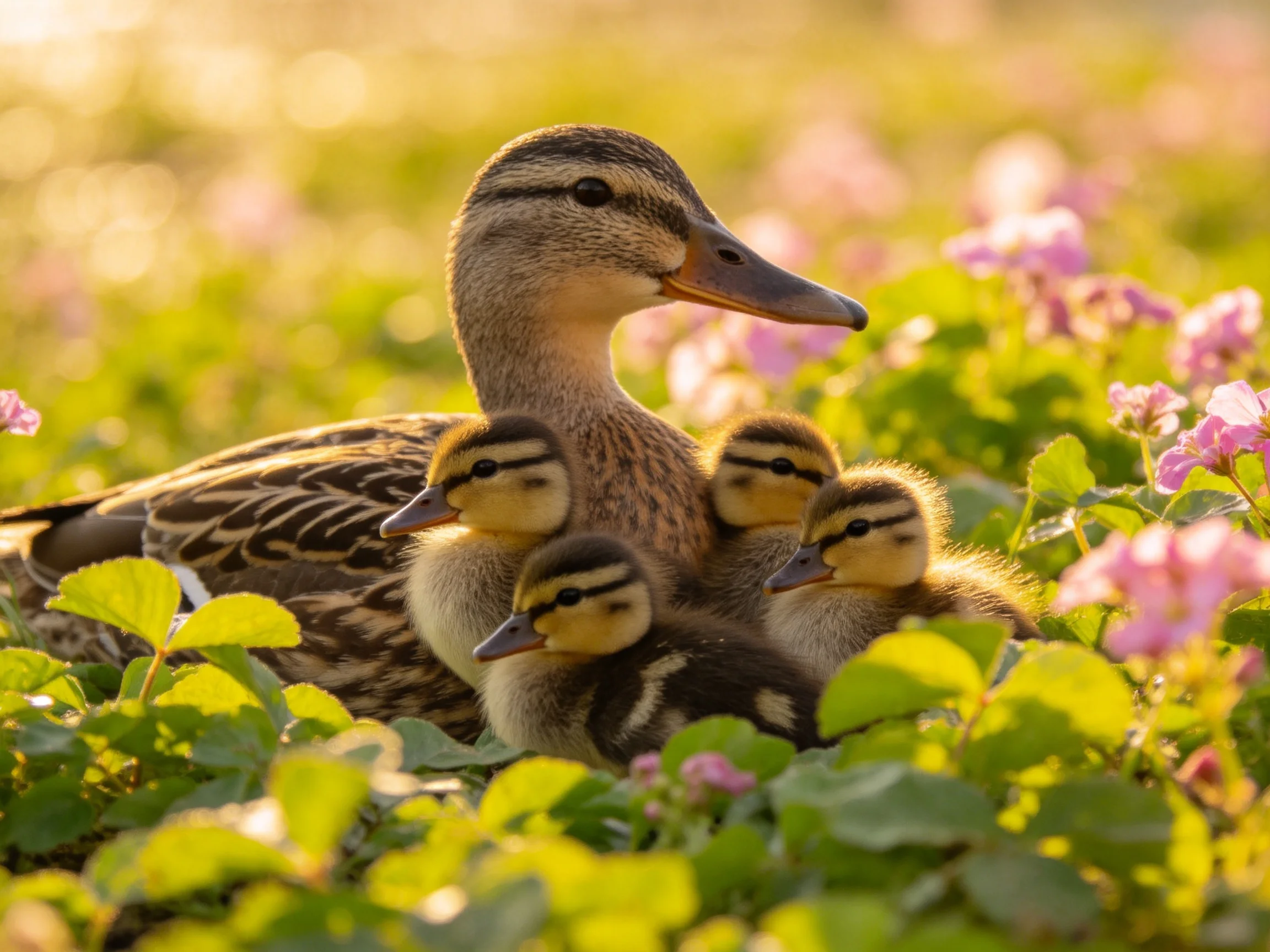 A mother duck with three ducklings nestled among pink flowers and green foliage