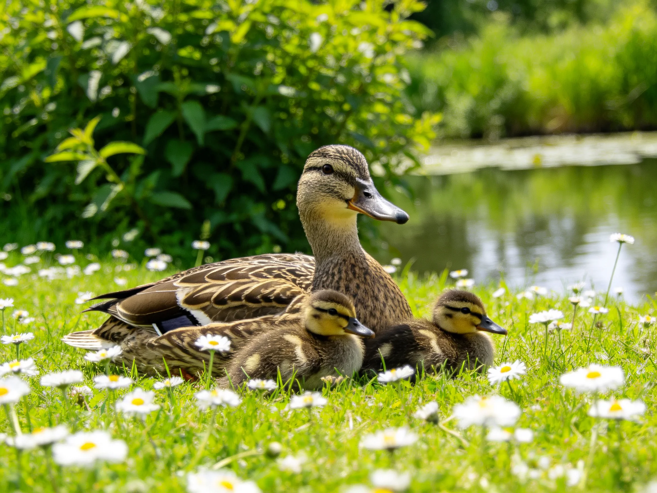 A mother duck with two ducklings rests on grass amid white flowers near a pond