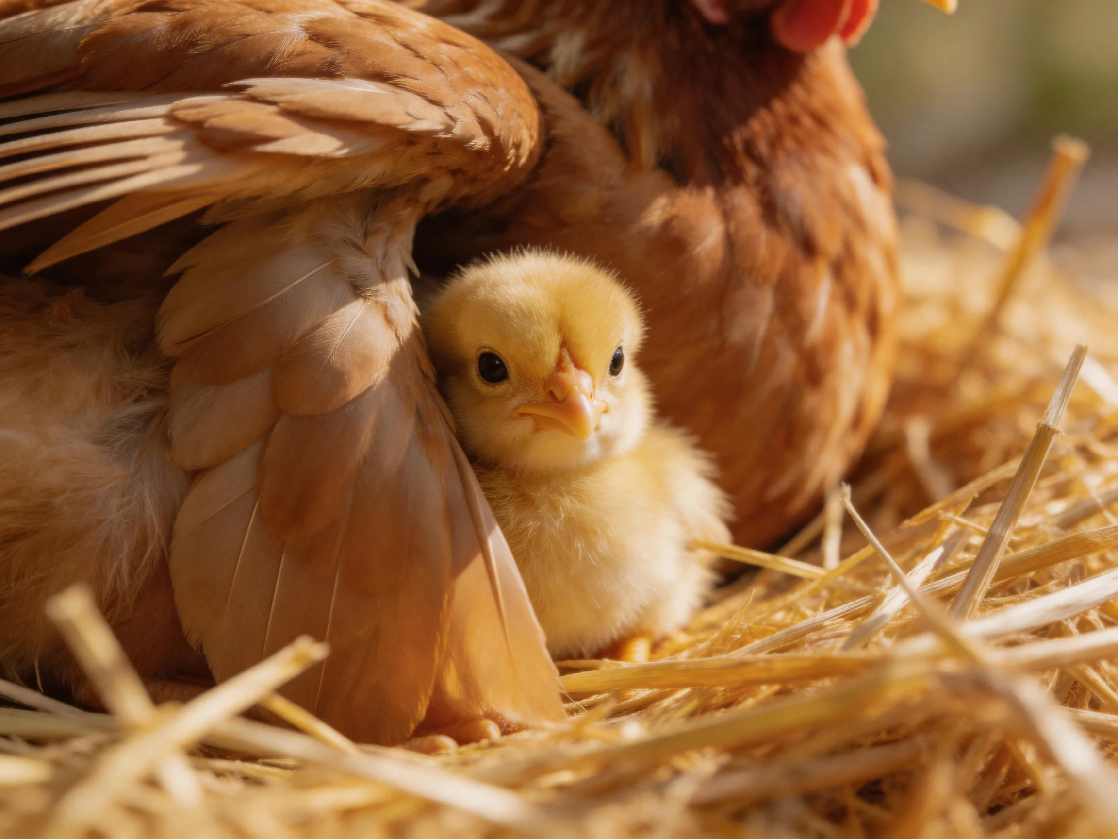 A mother hen shields a yellow chick amid golden straw