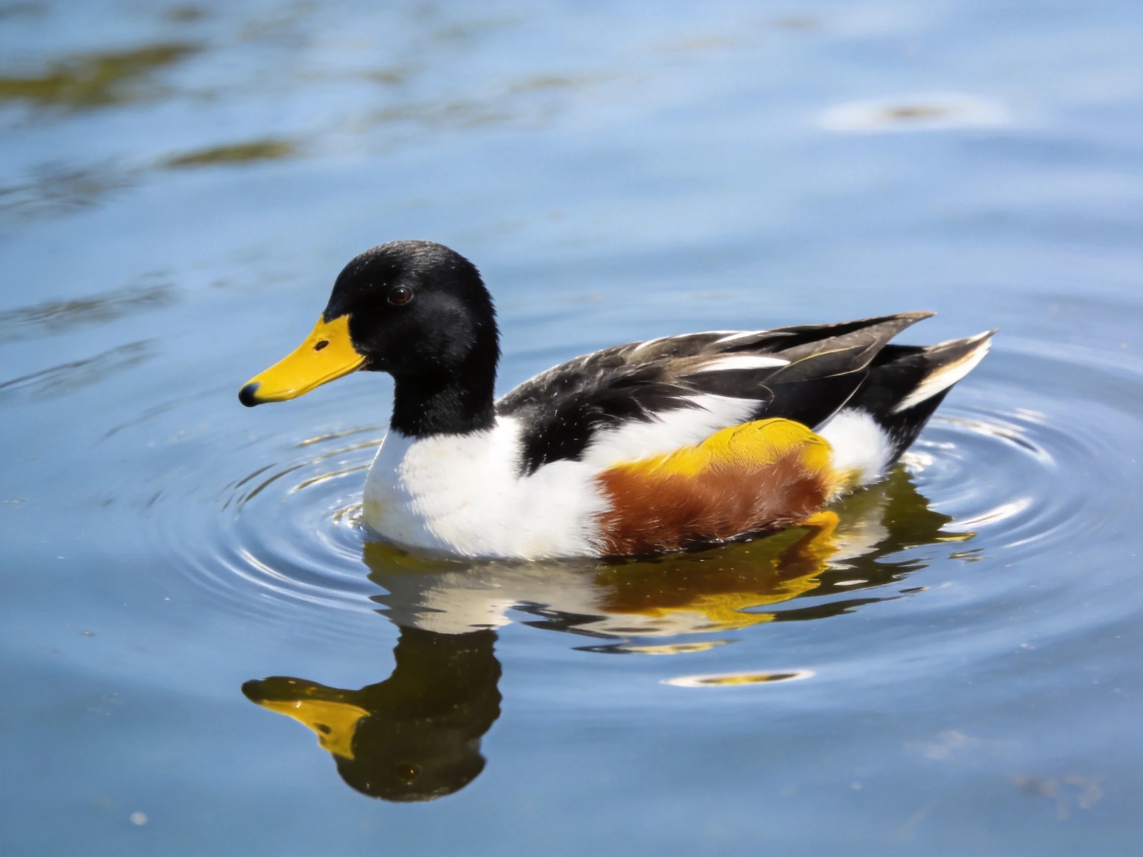 A multicolored duck glides smoothly over calm blue water.