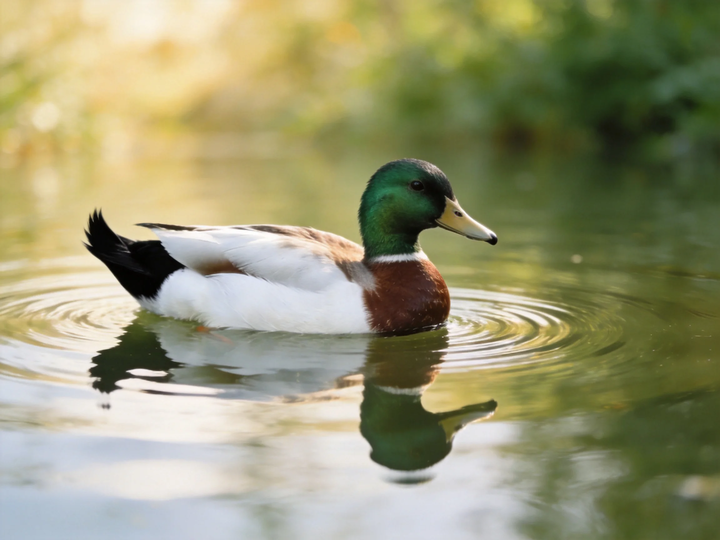 A multicolored mallard duck swims in calm, rippling water