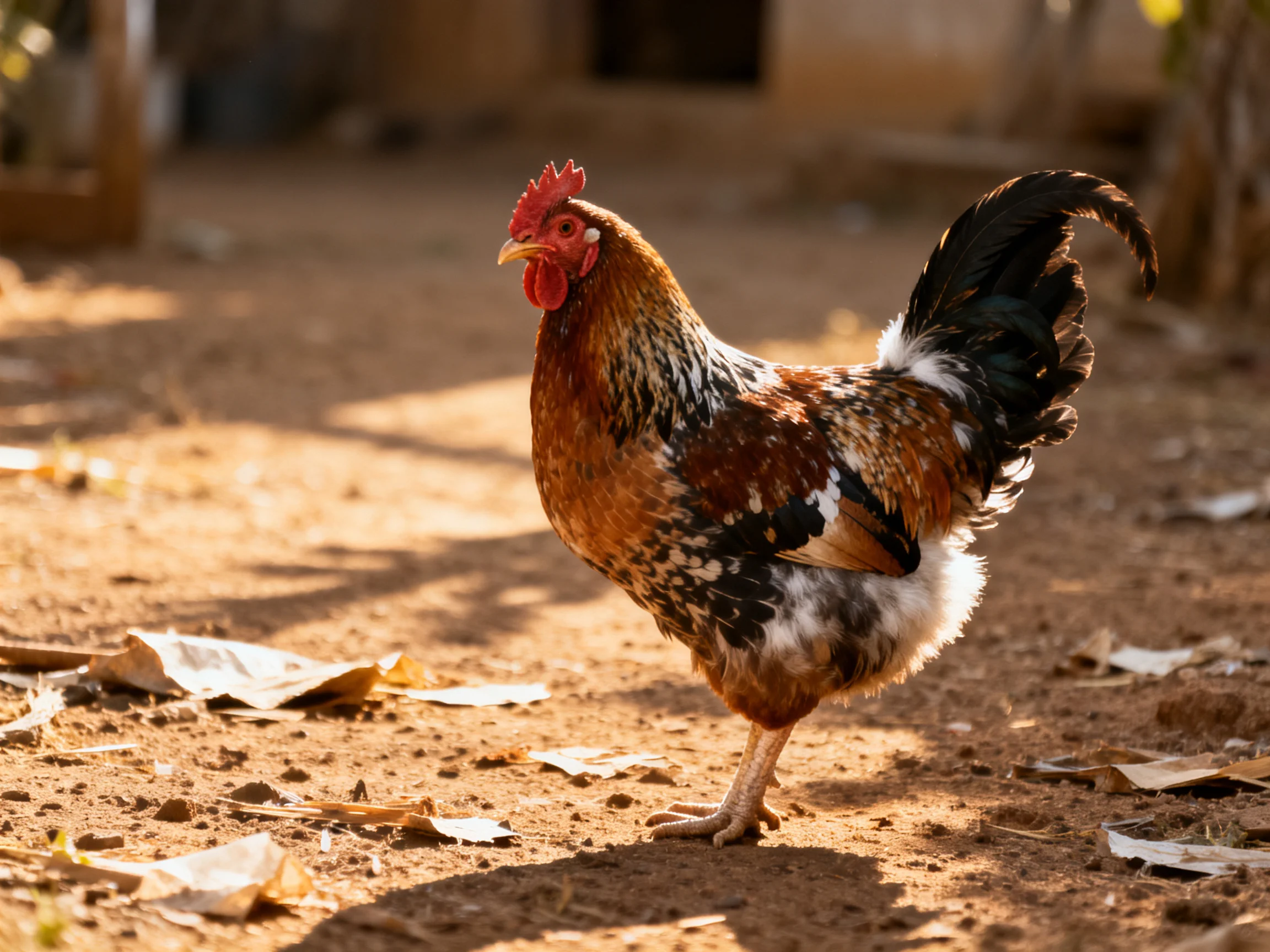 A rooster with varied plumage walks on a sunlit dirt path near fallen leaves