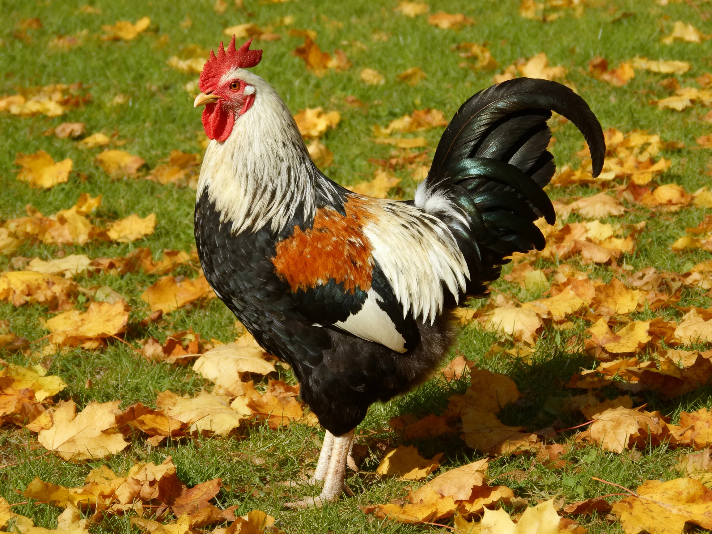 A rooster with varied plumage stands among scattered autumn leaves on grass.