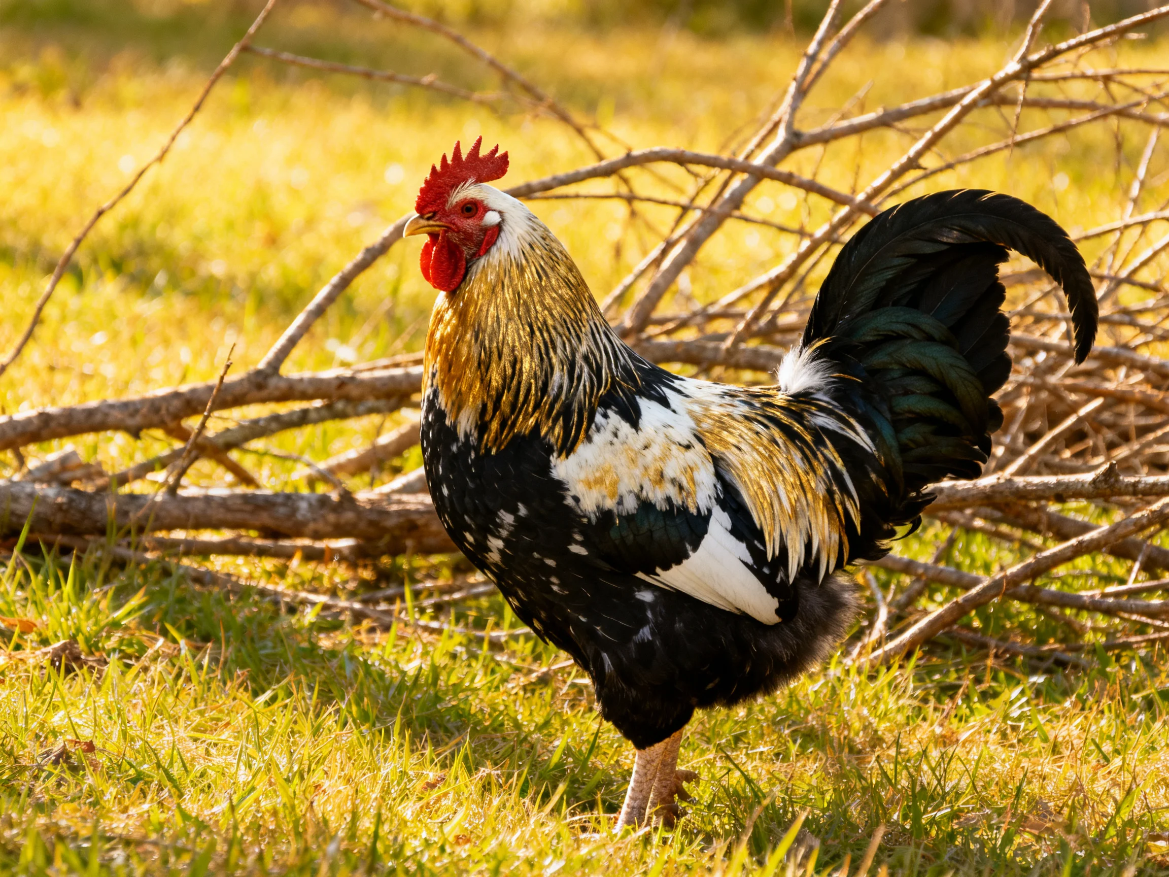 A multicolored rooster stands among dry branches in a sunlit outdoor setting.