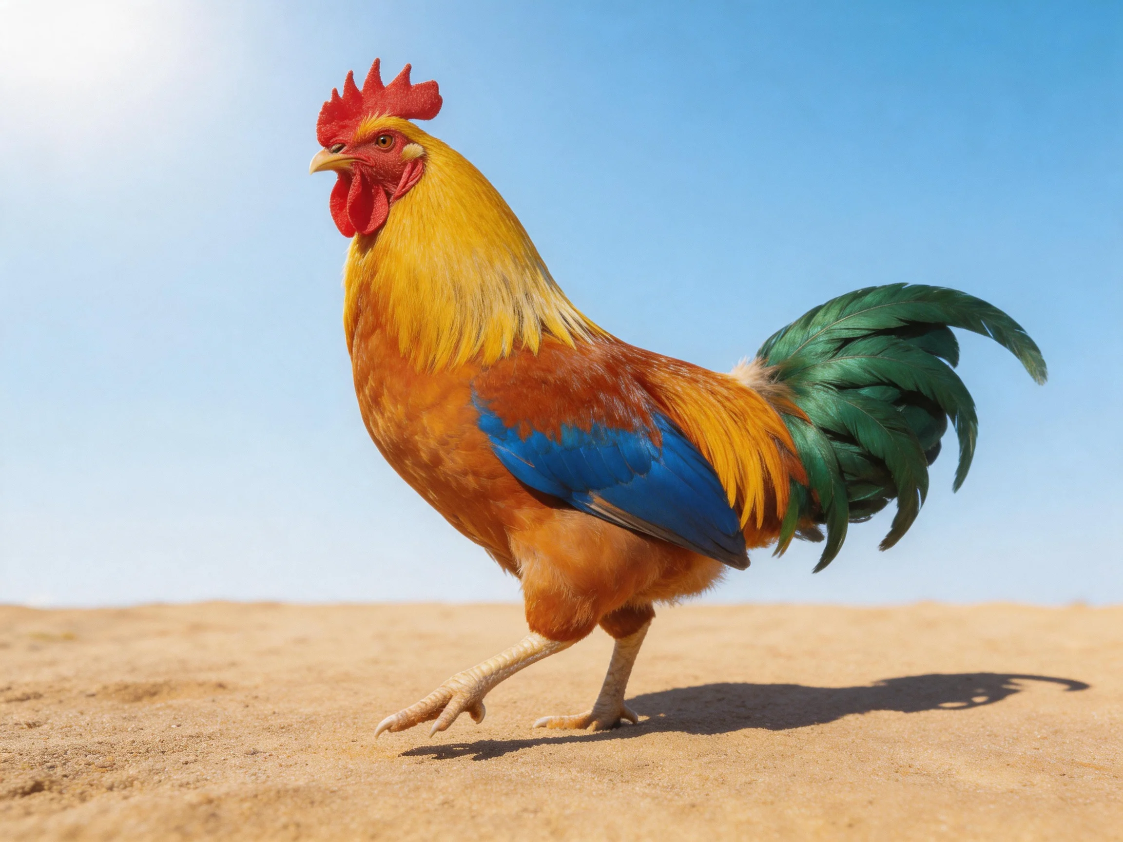 A multicolored rooster with red comb walks on sandy ground
