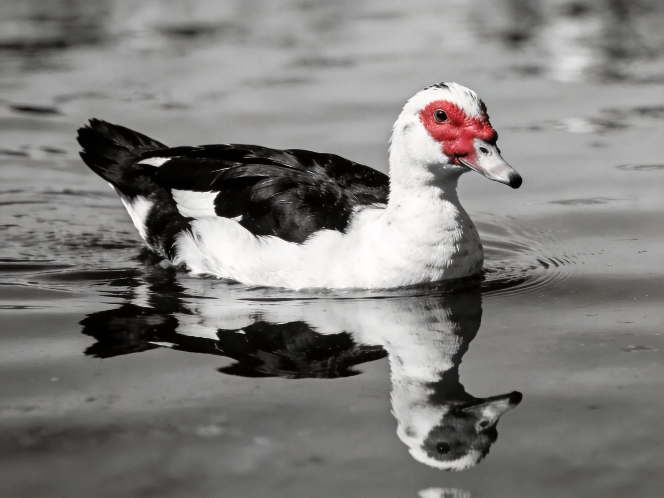 A muscovy duck with black and white feathers swims in reflective water