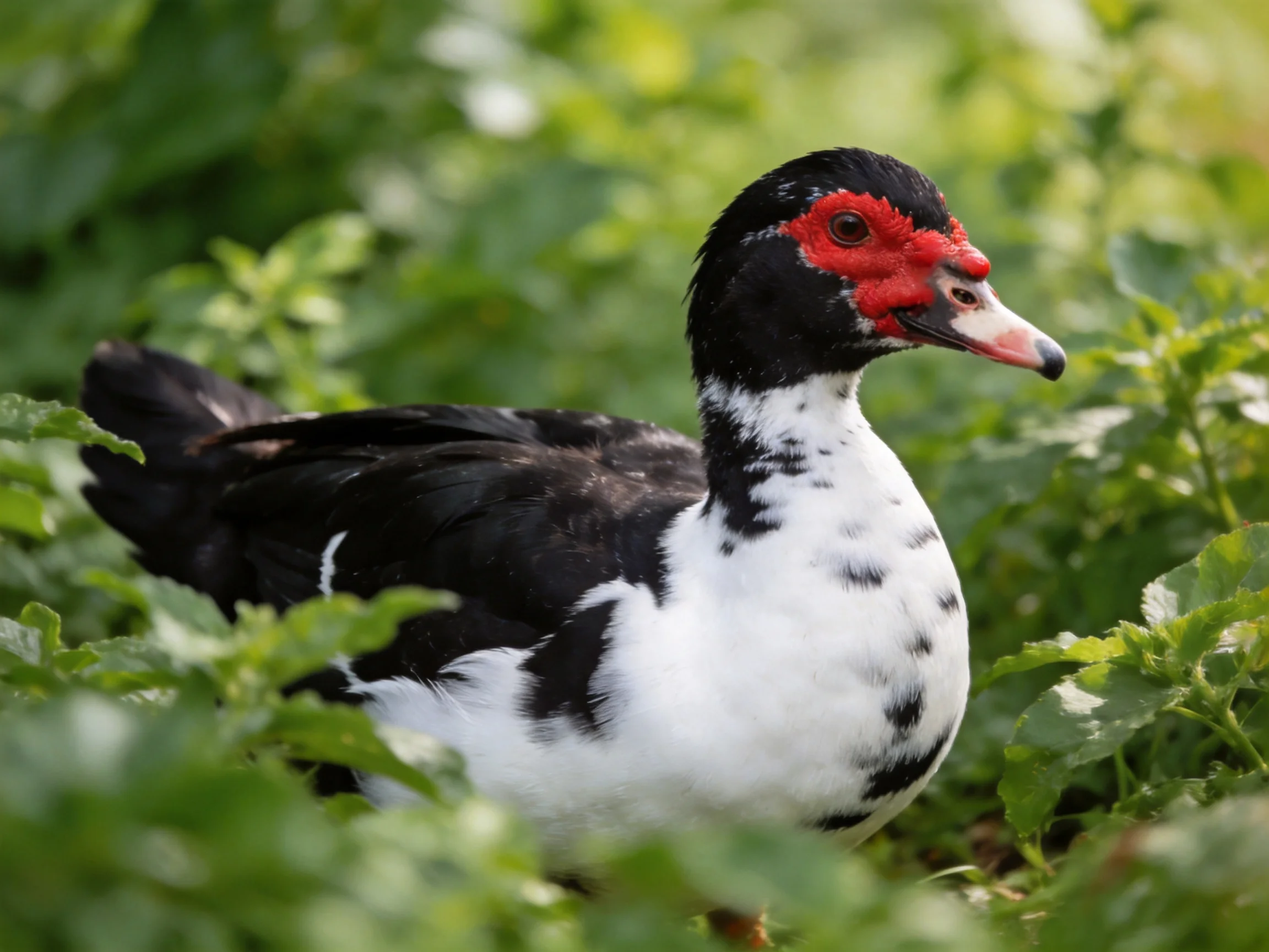 A muscovy duck with black, white, and red markings in green foliage