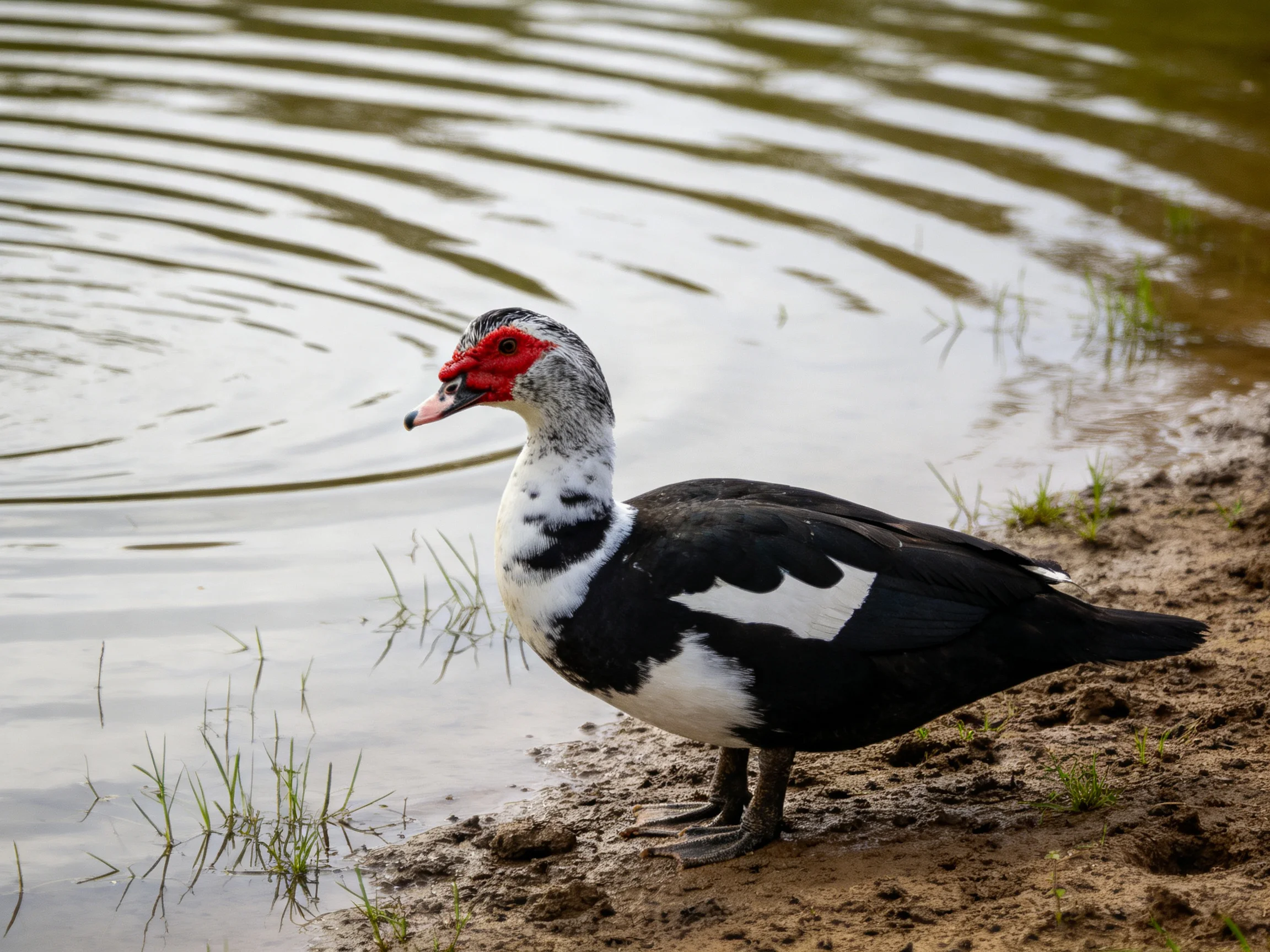A muscovy duck with red face near rippled water