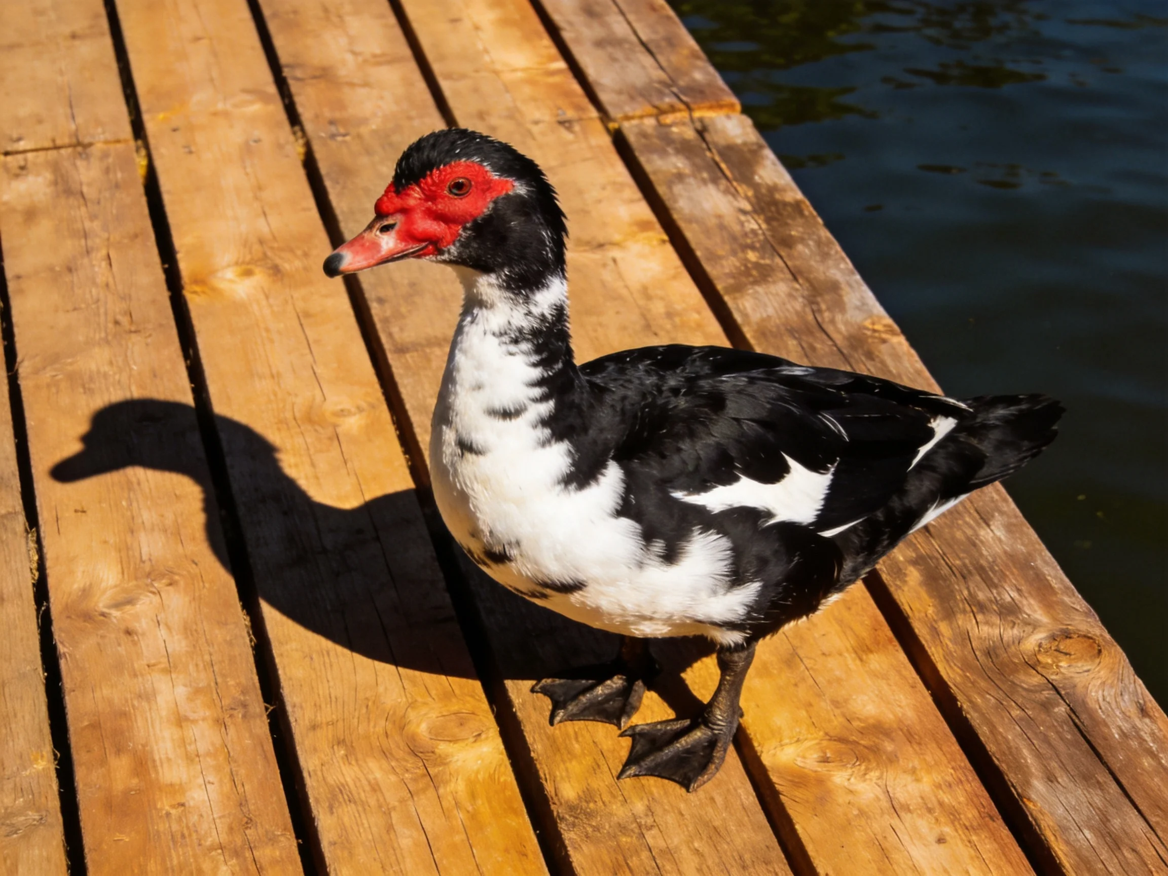 A muscovy duck with red facial markings stands on weathered wooden planks near water.