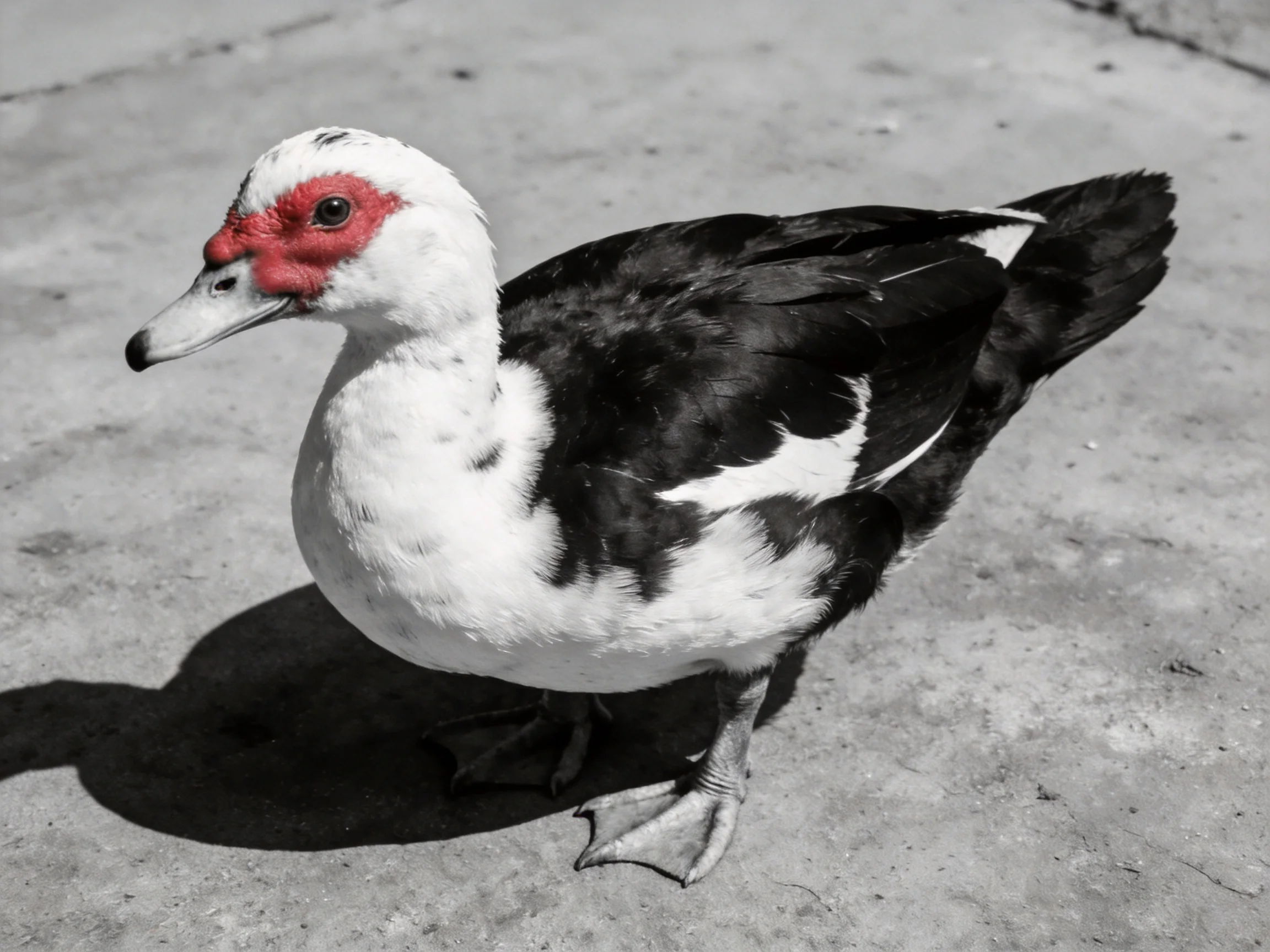 A muscovy duck with red facial skin, black and white plumage, standing on concrete