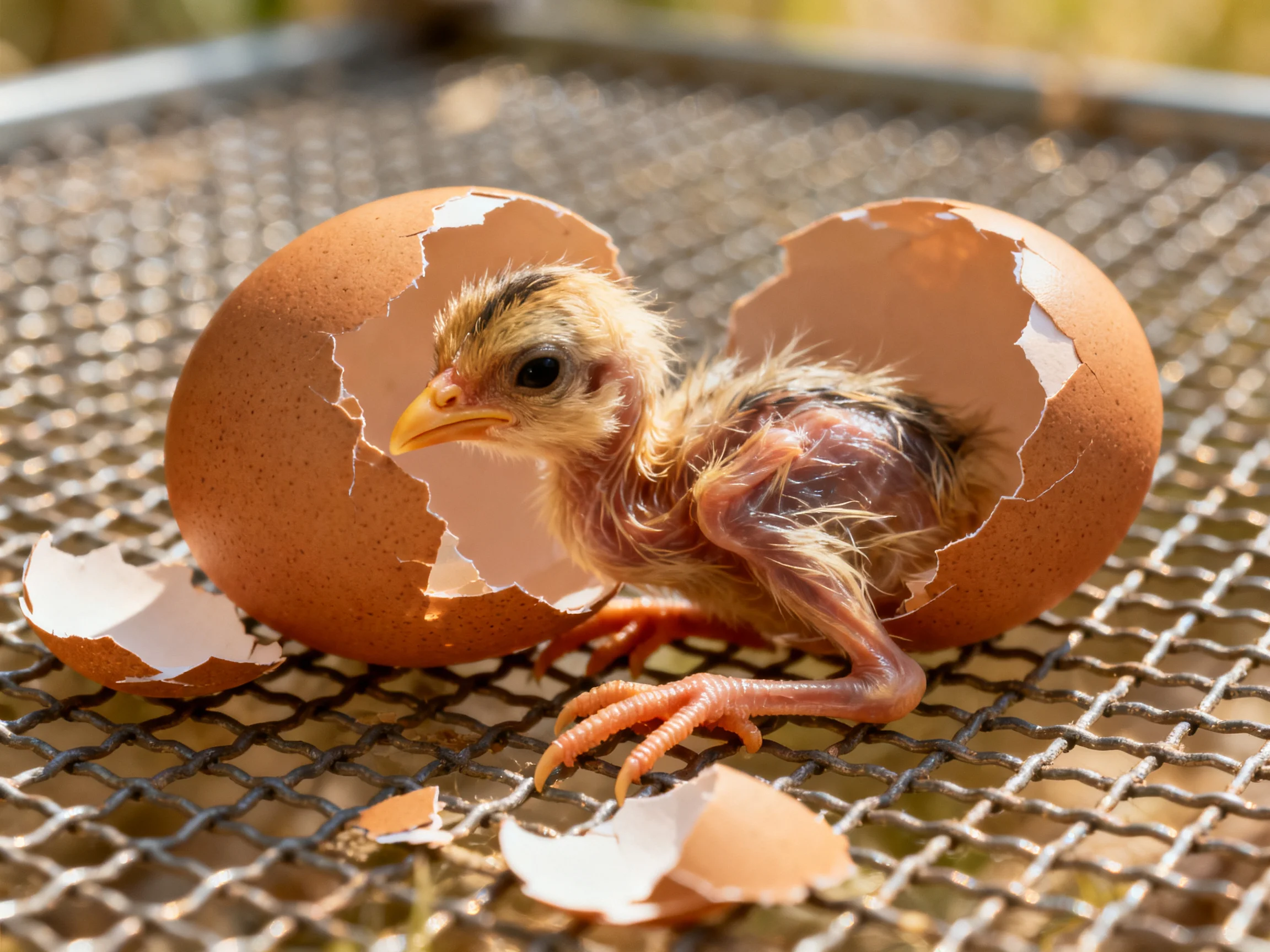A newly hatched chick near two large brown eggshells on a metal mesh