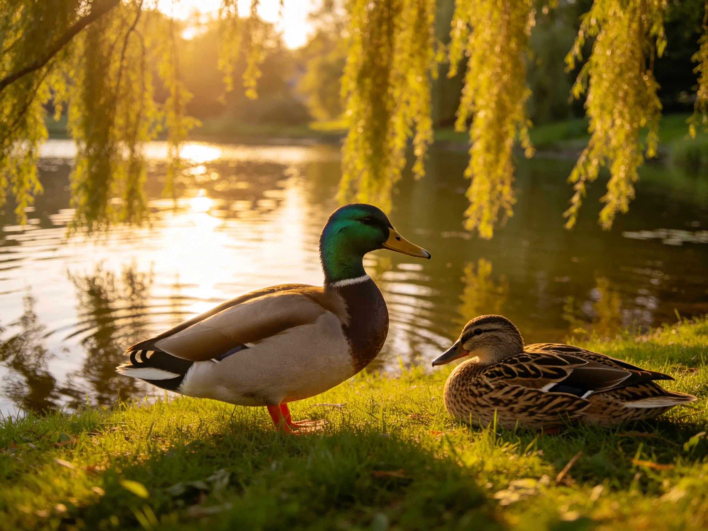 A pair of ducks rests by a sunlit river with hanging willow branches
