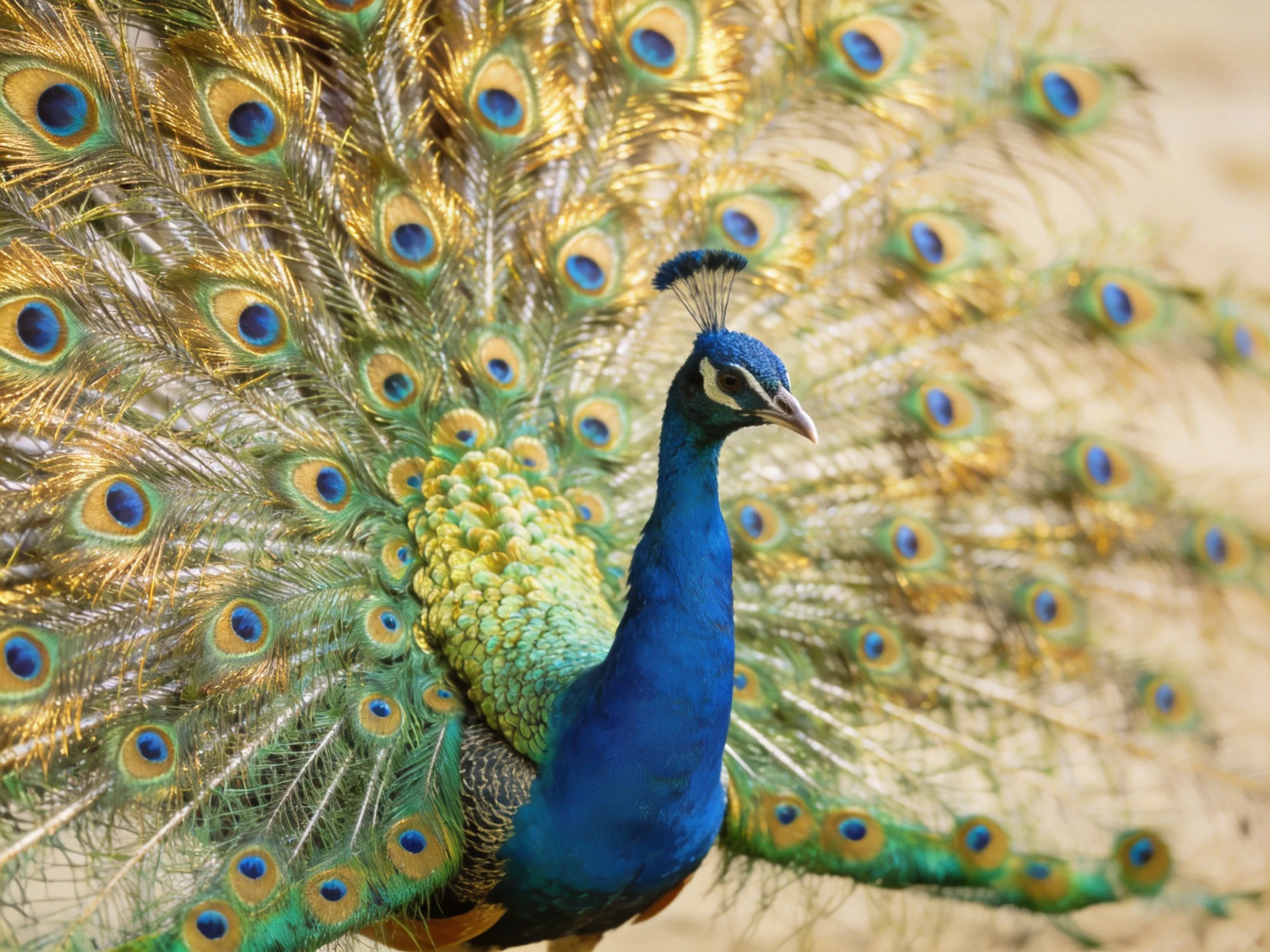 A peacock displaying vibrant blue and green plumage with fanned tail feathers