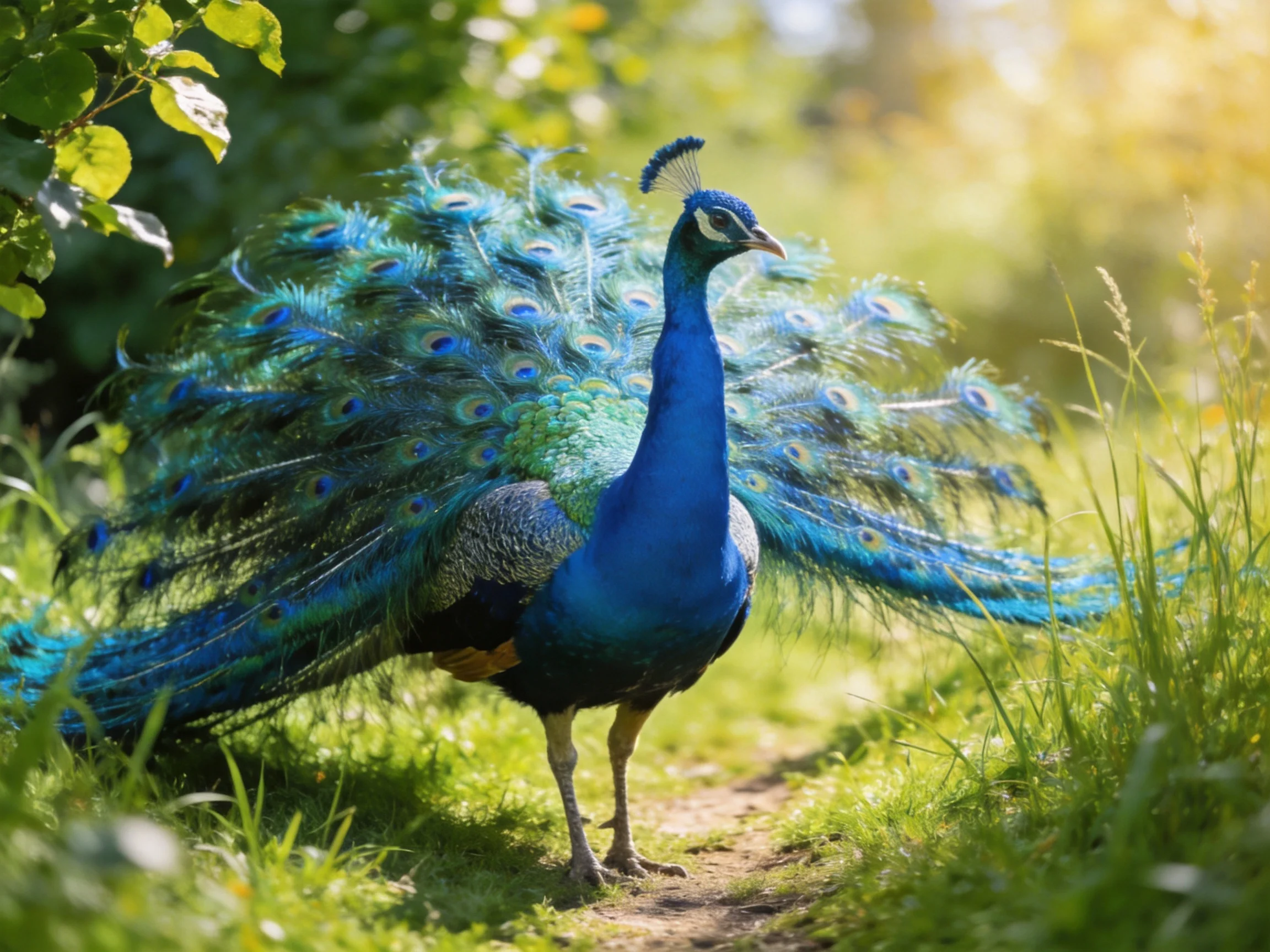 A peacock displays vibrant blue and turquoise tail feathers in a sunlit meadow