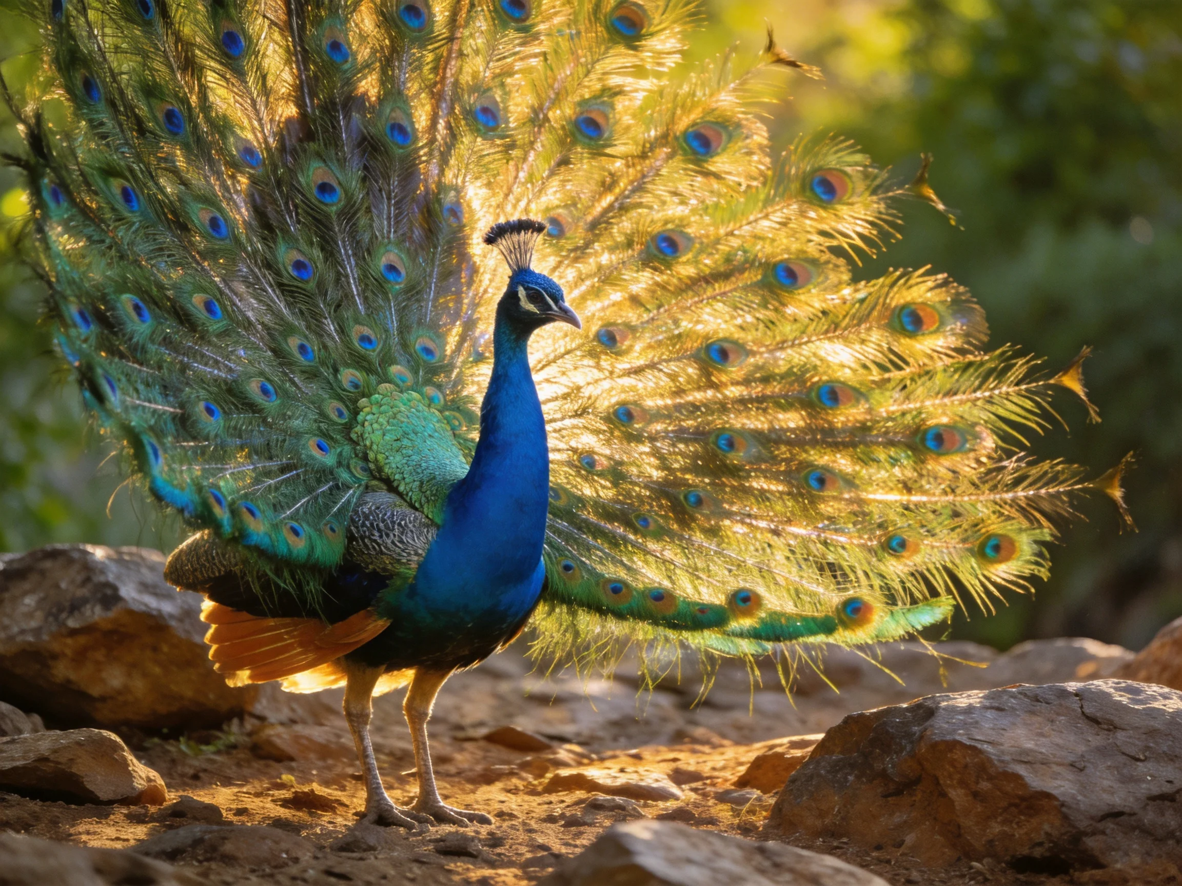 A peacock displays vibrant blue-green plumage with fanned tail feathers