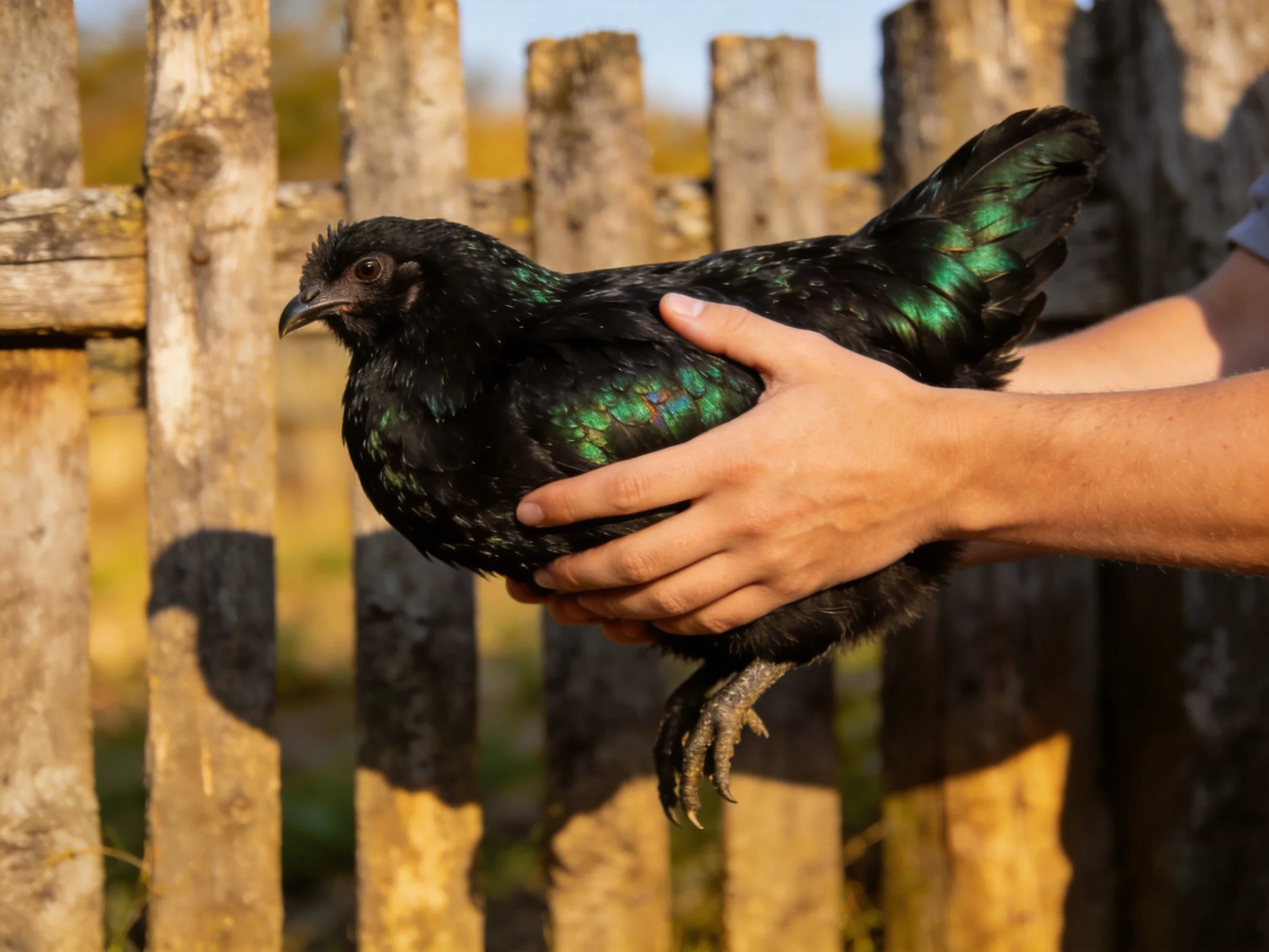 A person holding a glossy black-green chicken near a weathered wooden fence