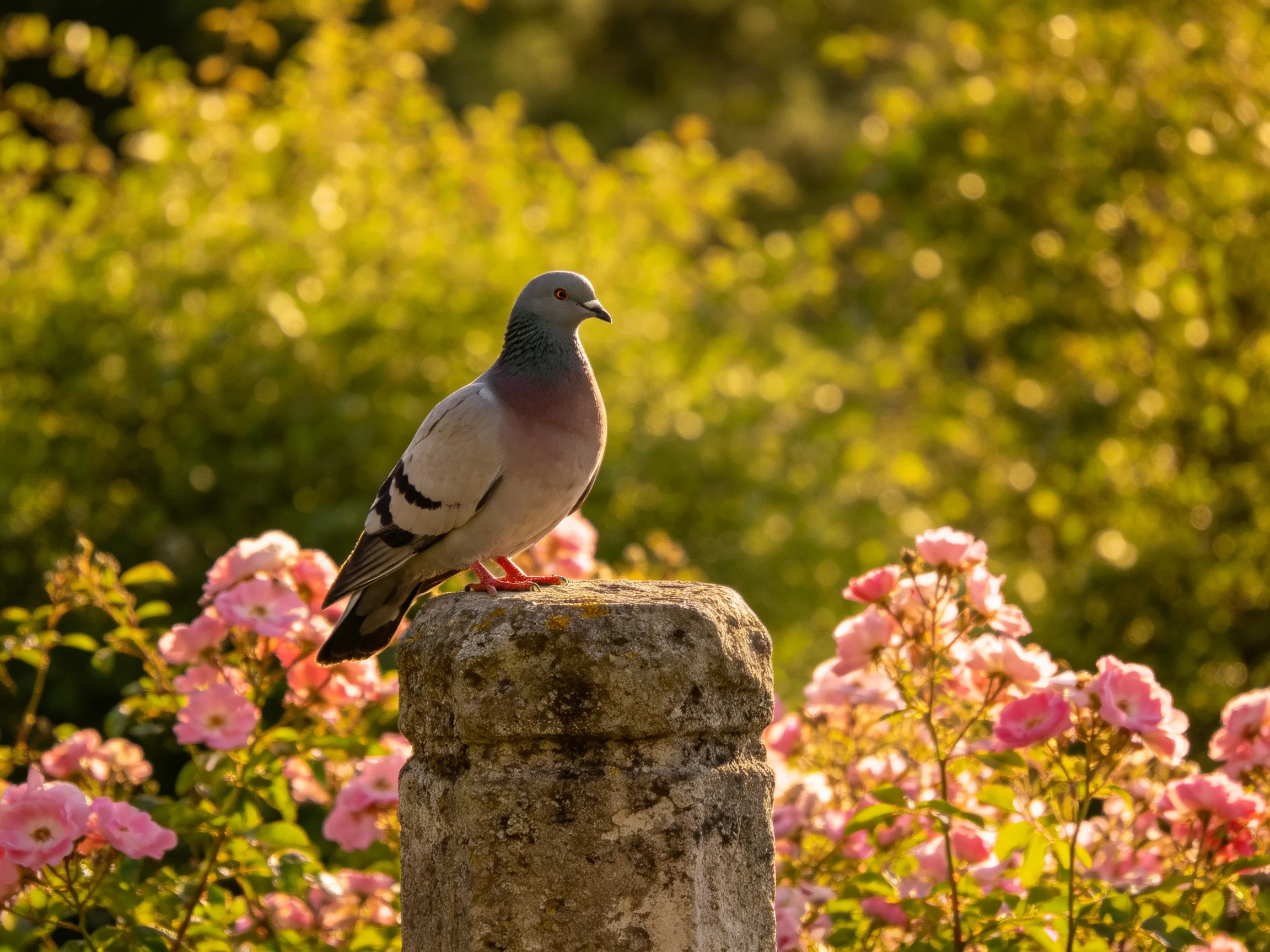 A pigeon perches on a weathered stone post amid blooming pink flowers and golden-green foliage