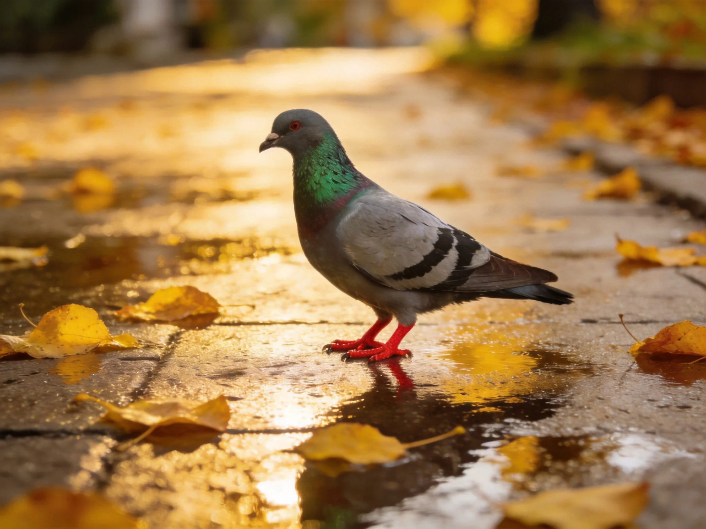 A pigeon stands on wet pavement amid scattered golden autumn leaves