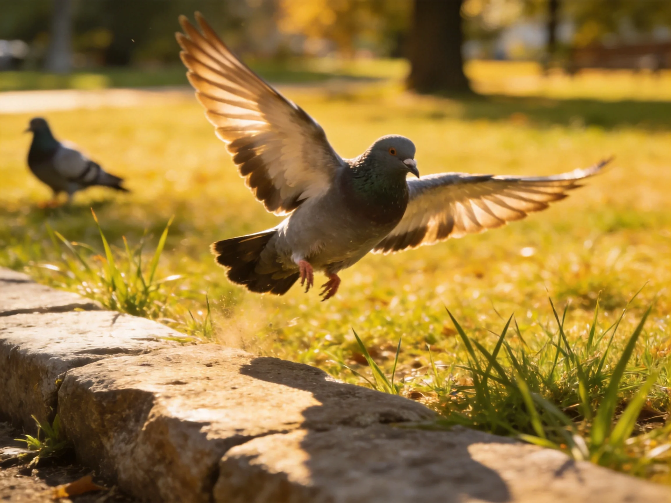 A pigeon takes flight over a stone curb in a sunlit park