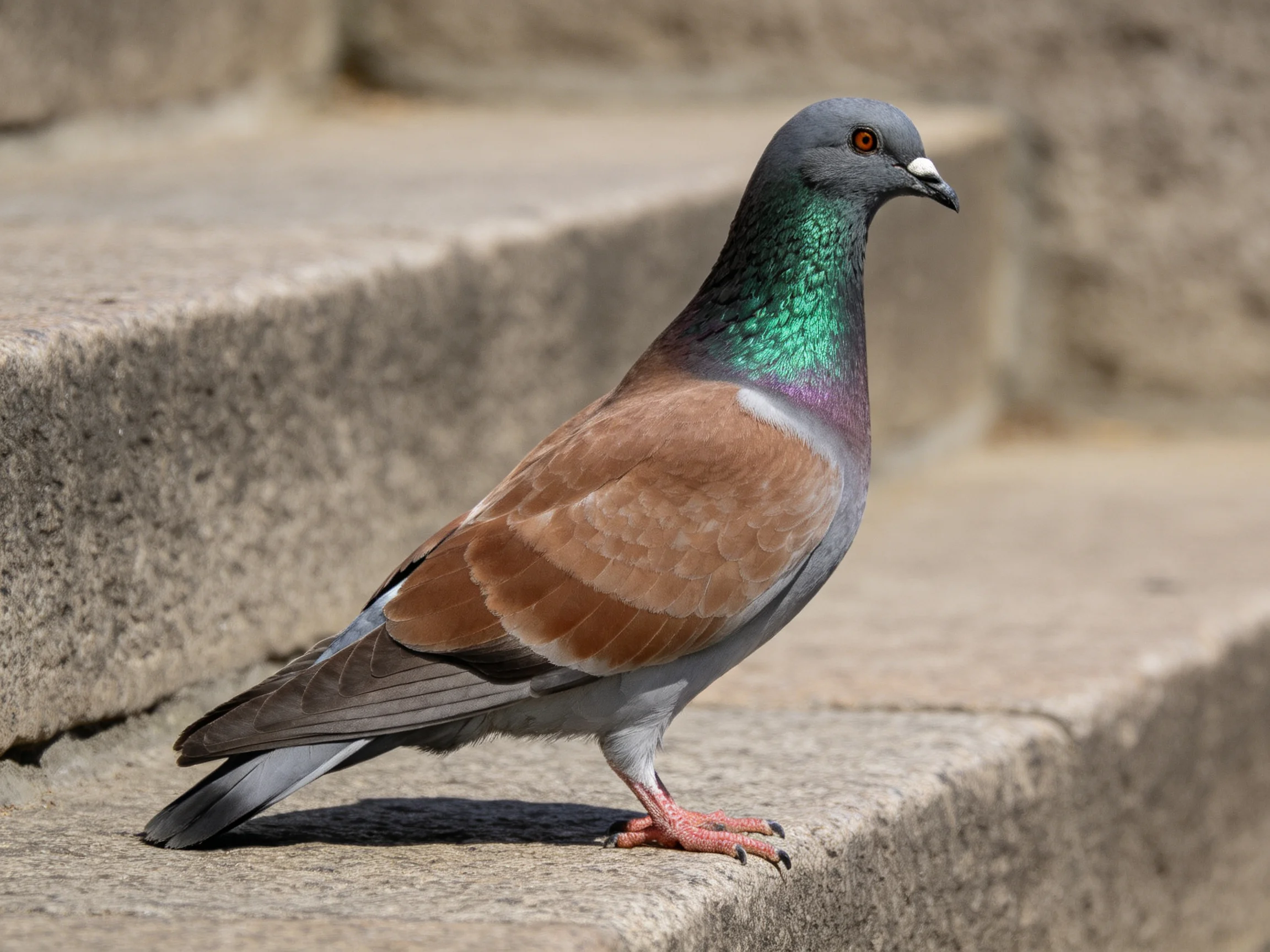 A pigeon with iridescent green neck, brown wings, and gray body on stone steps