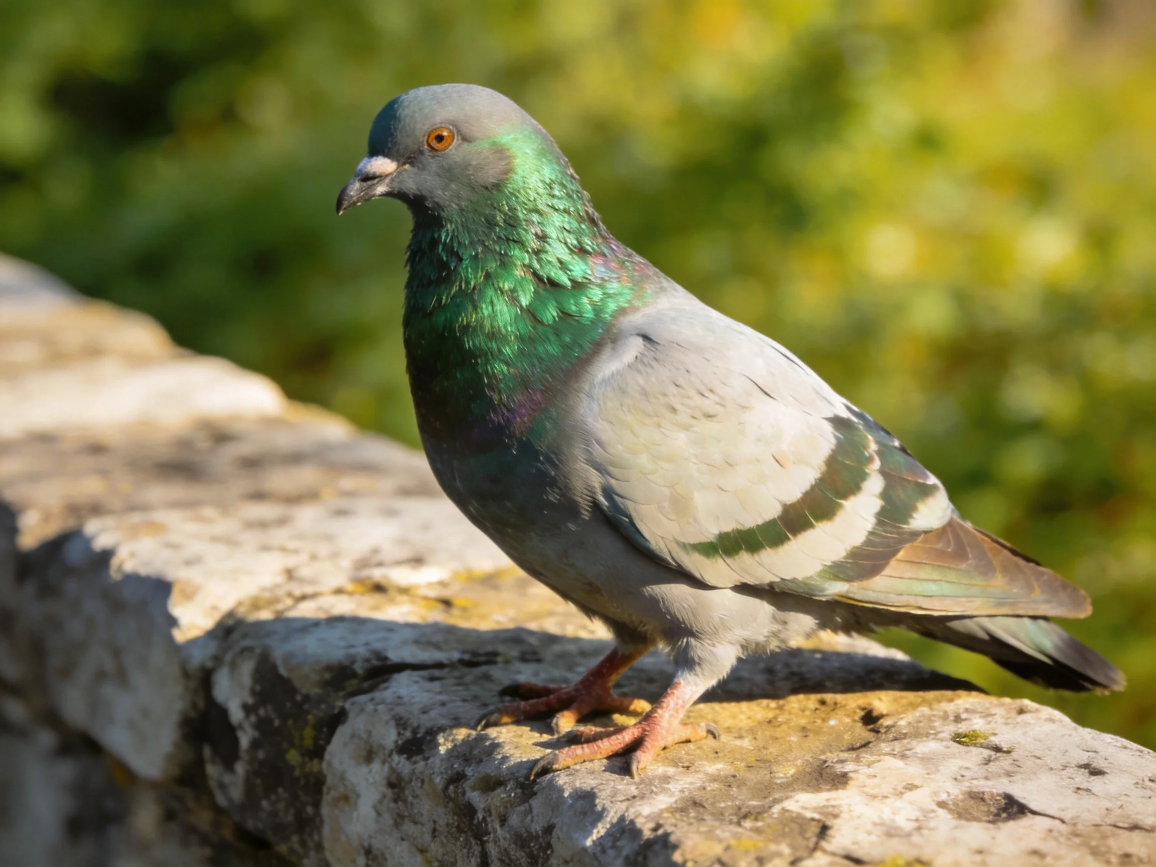 A pigeon with iridescent green neck perched on an aged stone ledge