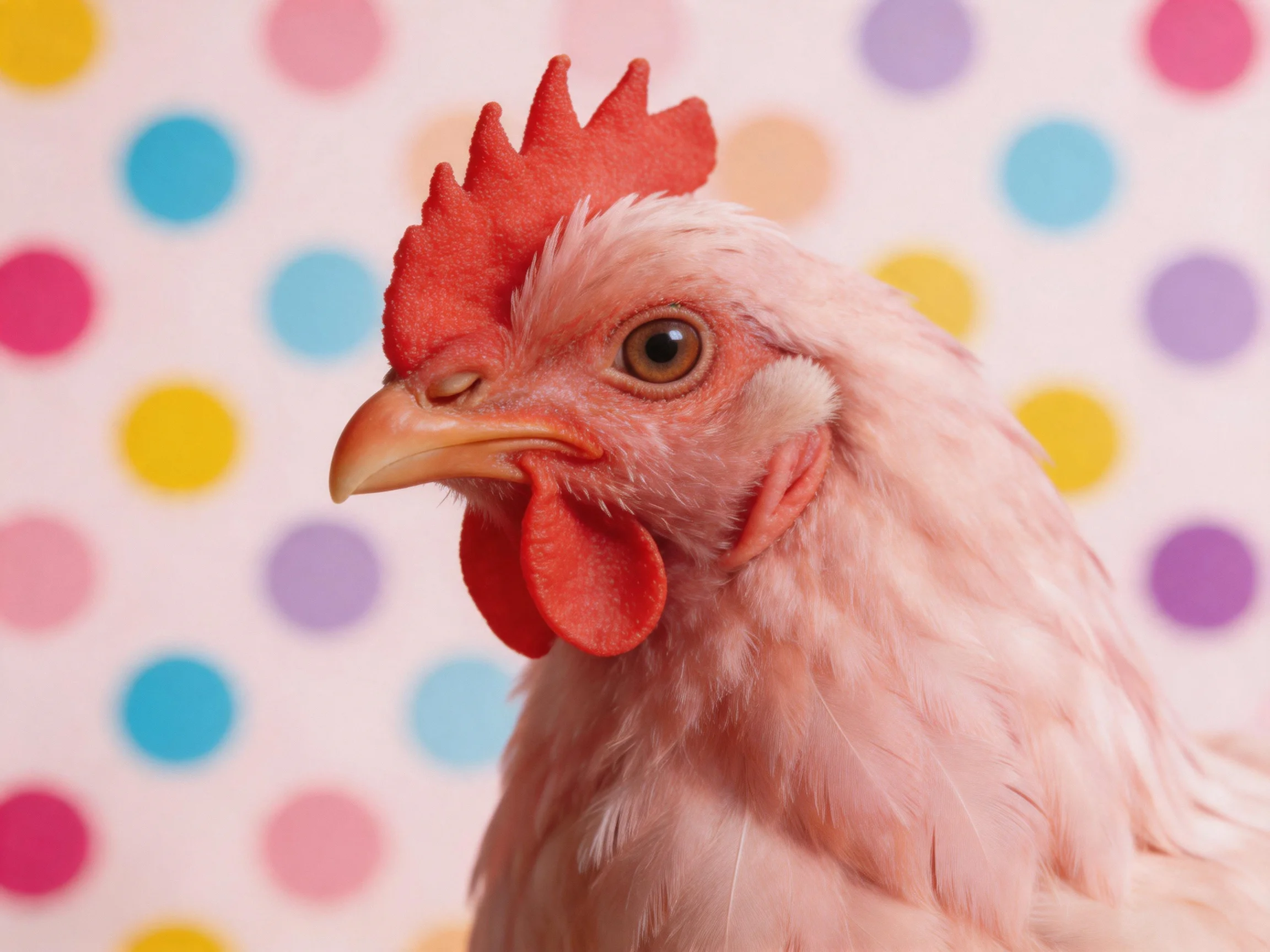 A pink chicken with red comb near colorful polka dot backdrop