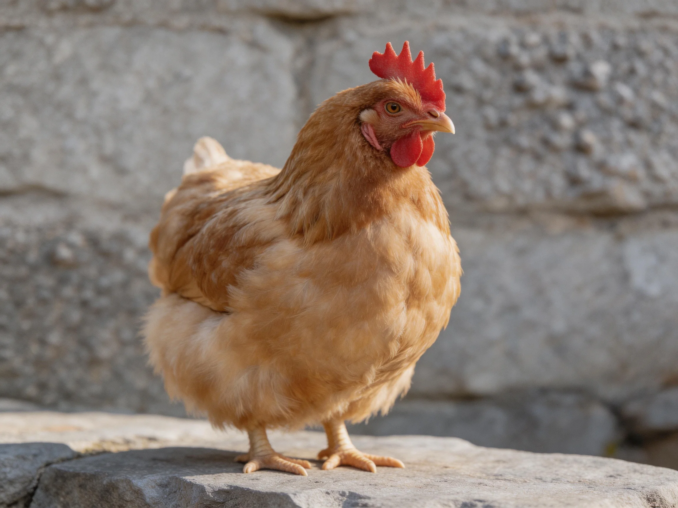 A plump brown hen with red comb perched on a stone surface