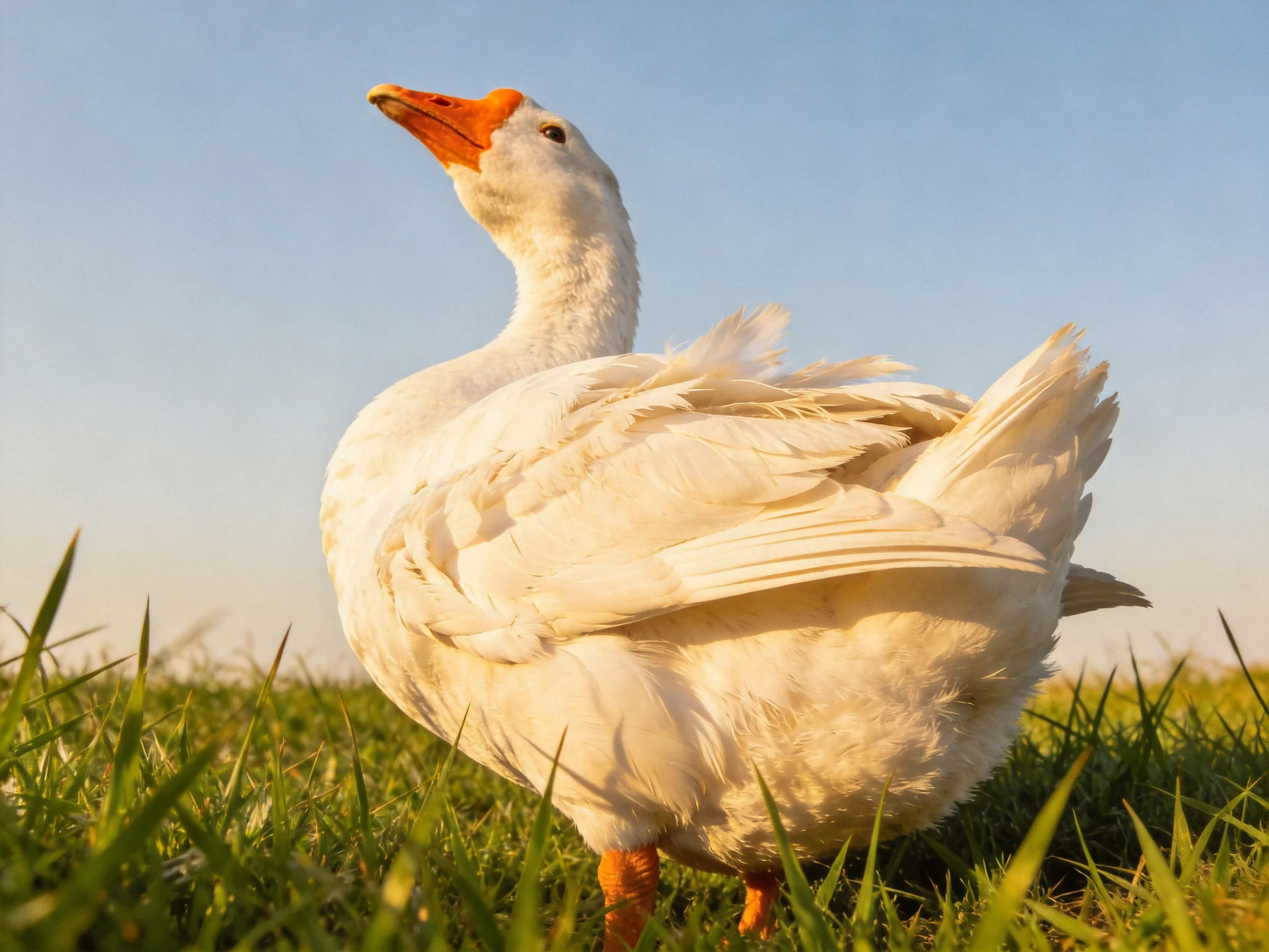 A plump white goose stands in lush green grass under a clear blue sky