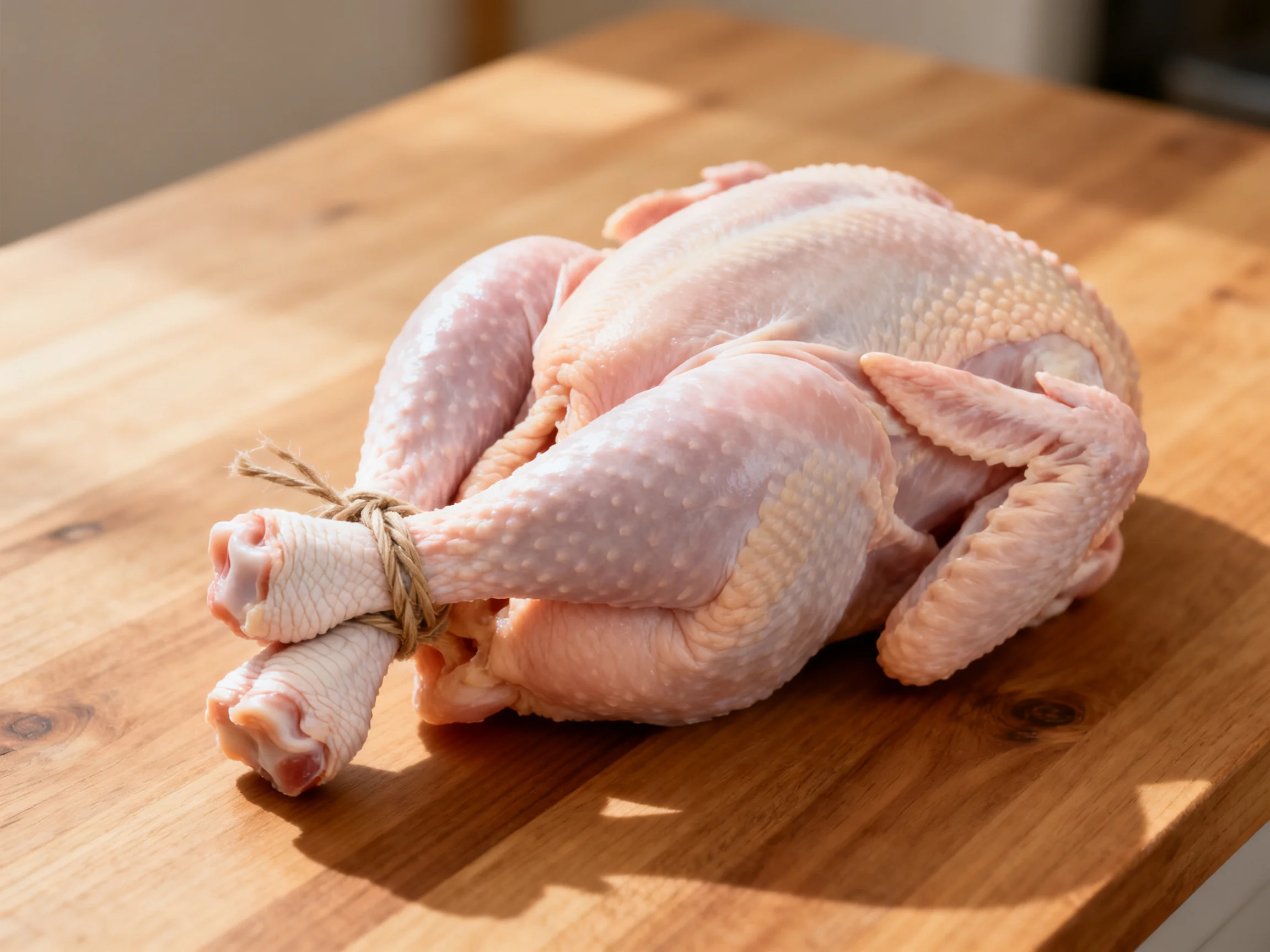 A raw whole chicken tied with twine on a wooden cutting board