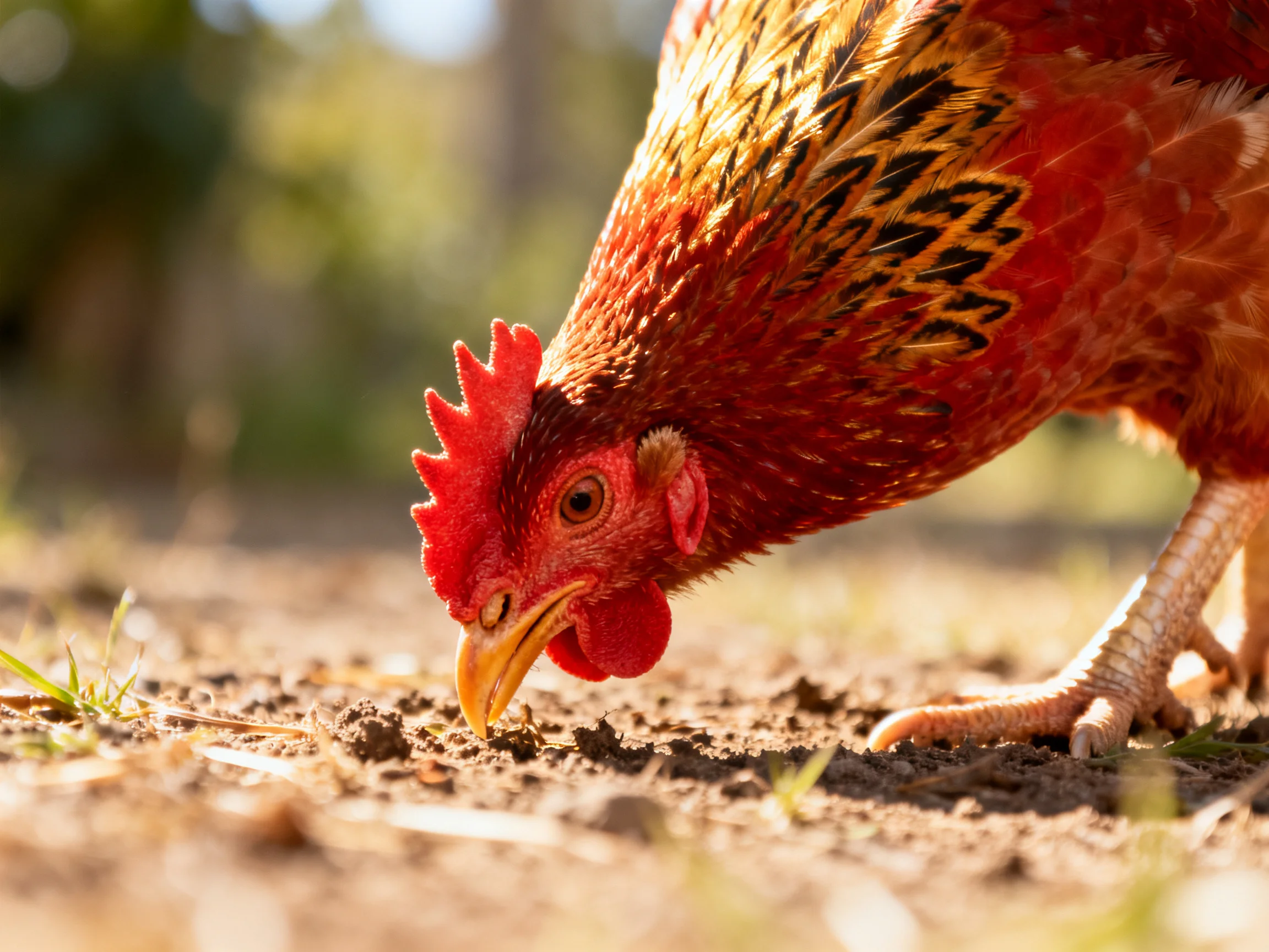A red-comb rooster with multicolored plumage forages on dry ground
