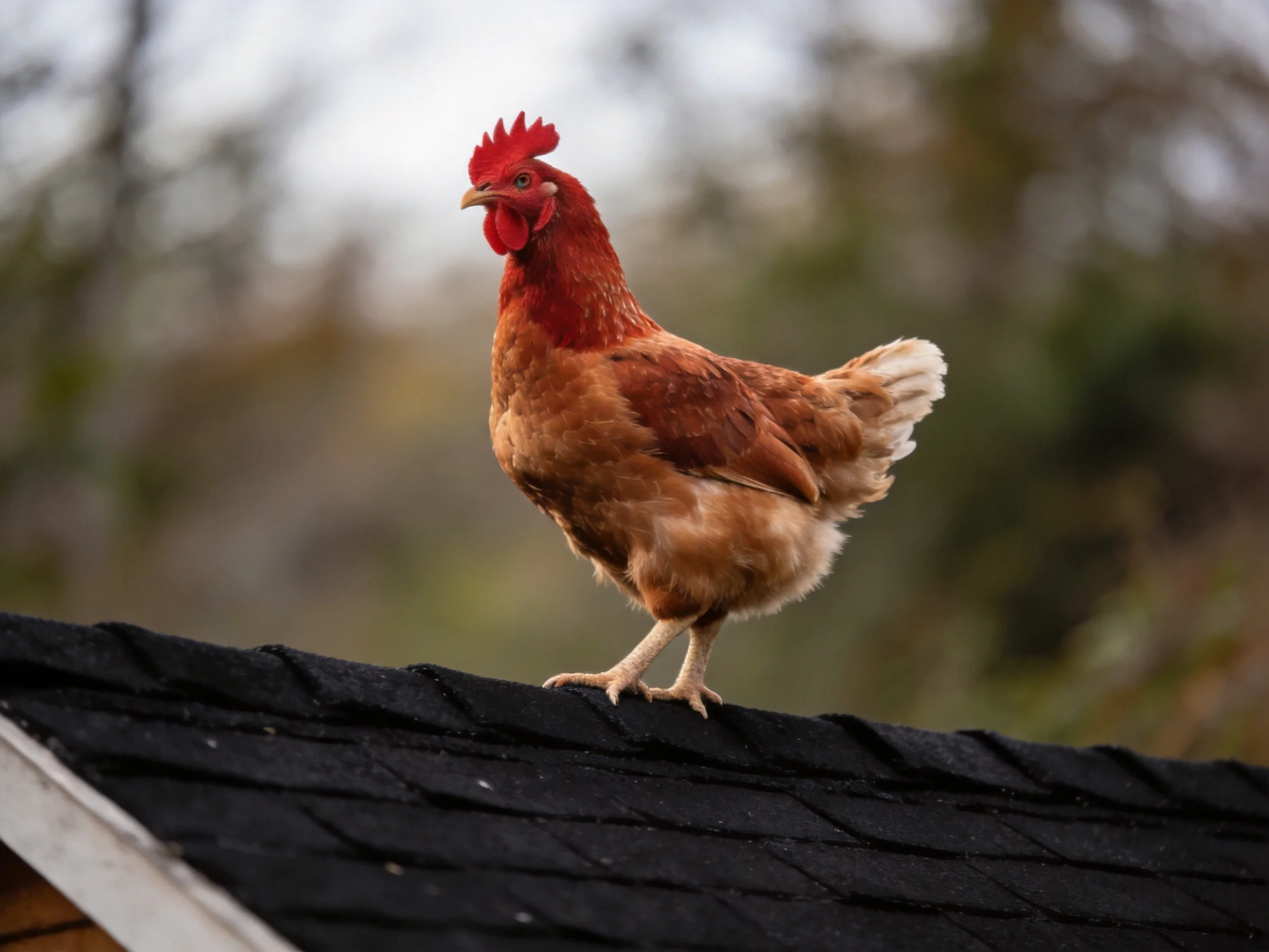 A red-combed brown chicken stands atop a black shingled roof