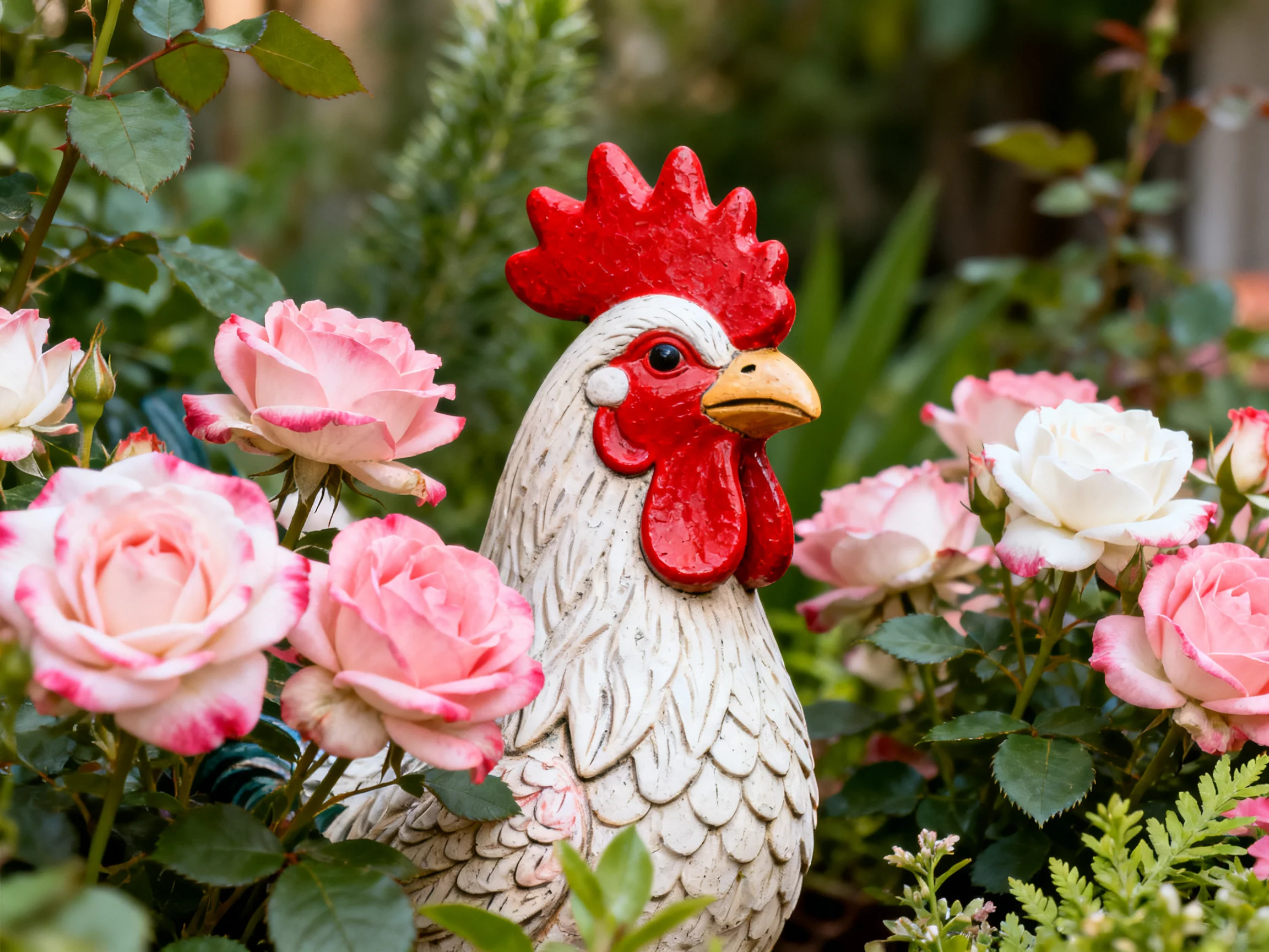 A red-combed ceramic rooster among pink and white roses