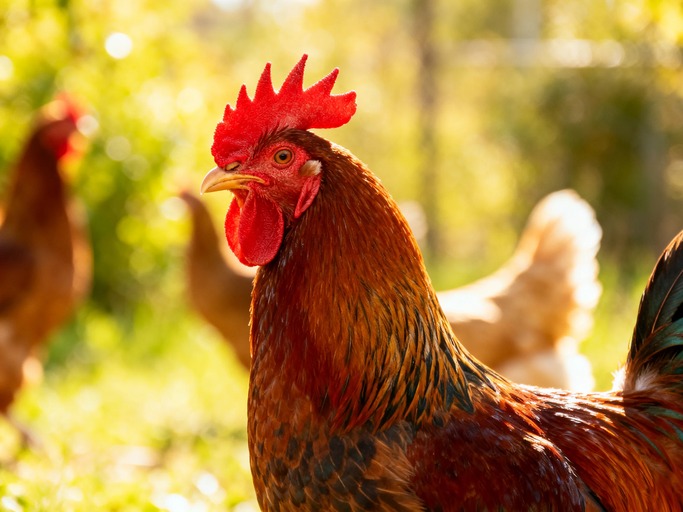 A red-combed rooster stands out among chickens in a sunlit farm.