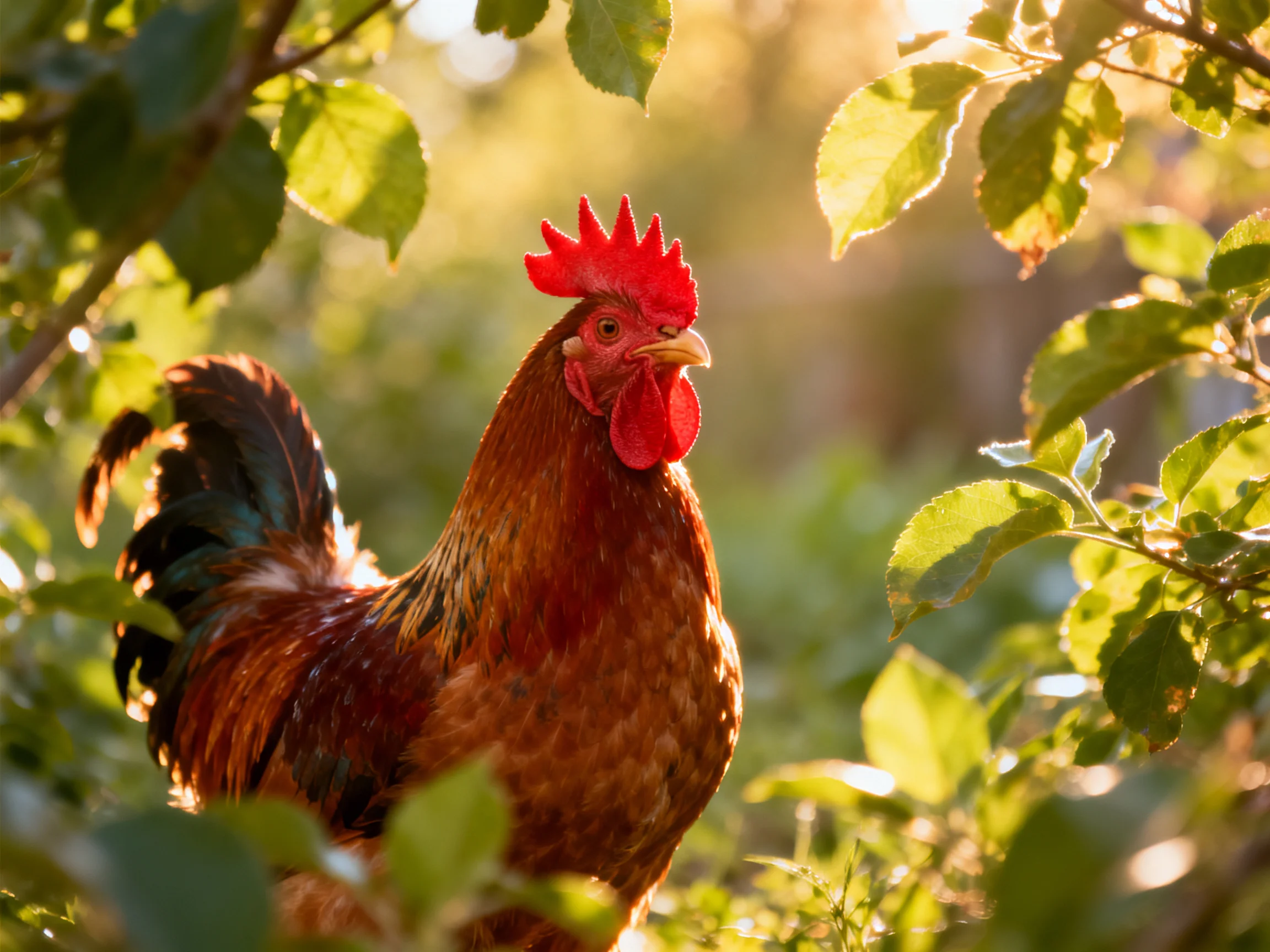 A red-combed rooster in lush greenery under golden sunlight