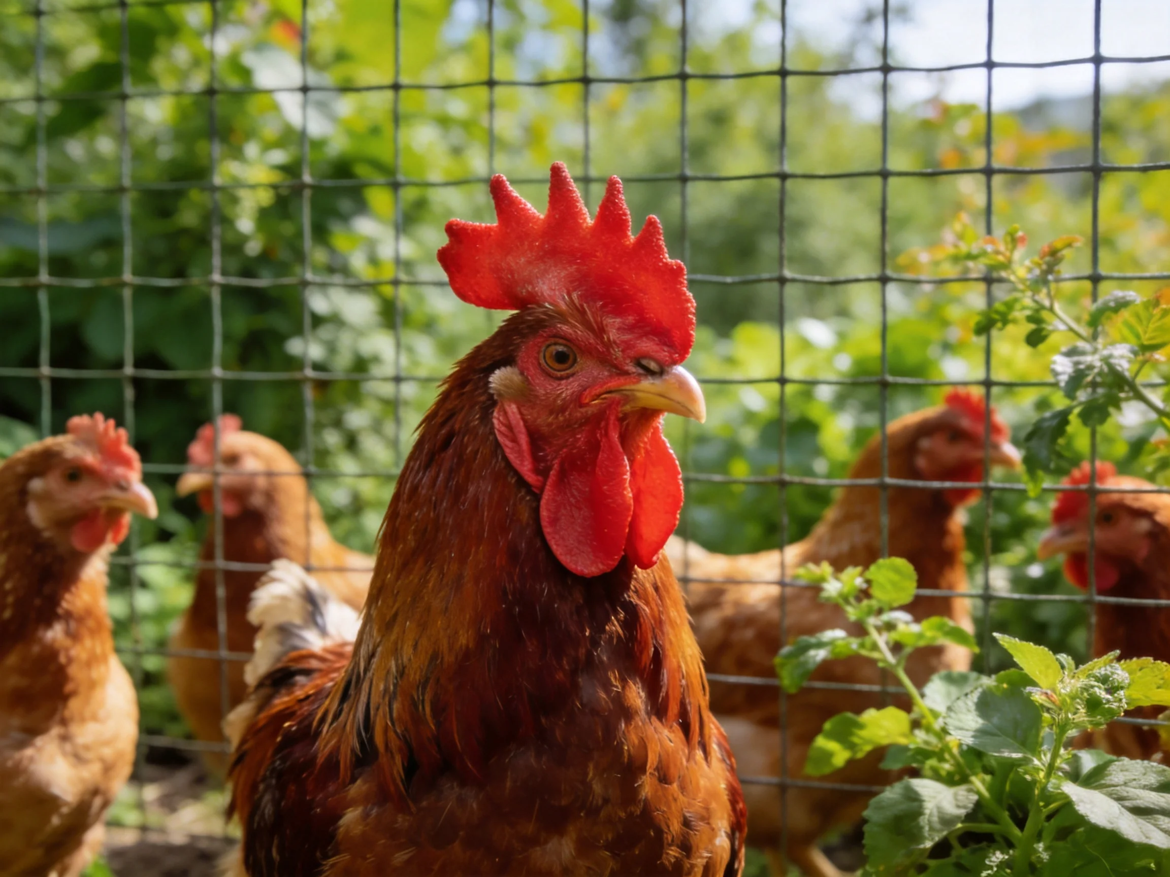 A red-combed rooster leads brown hens near a wire fence