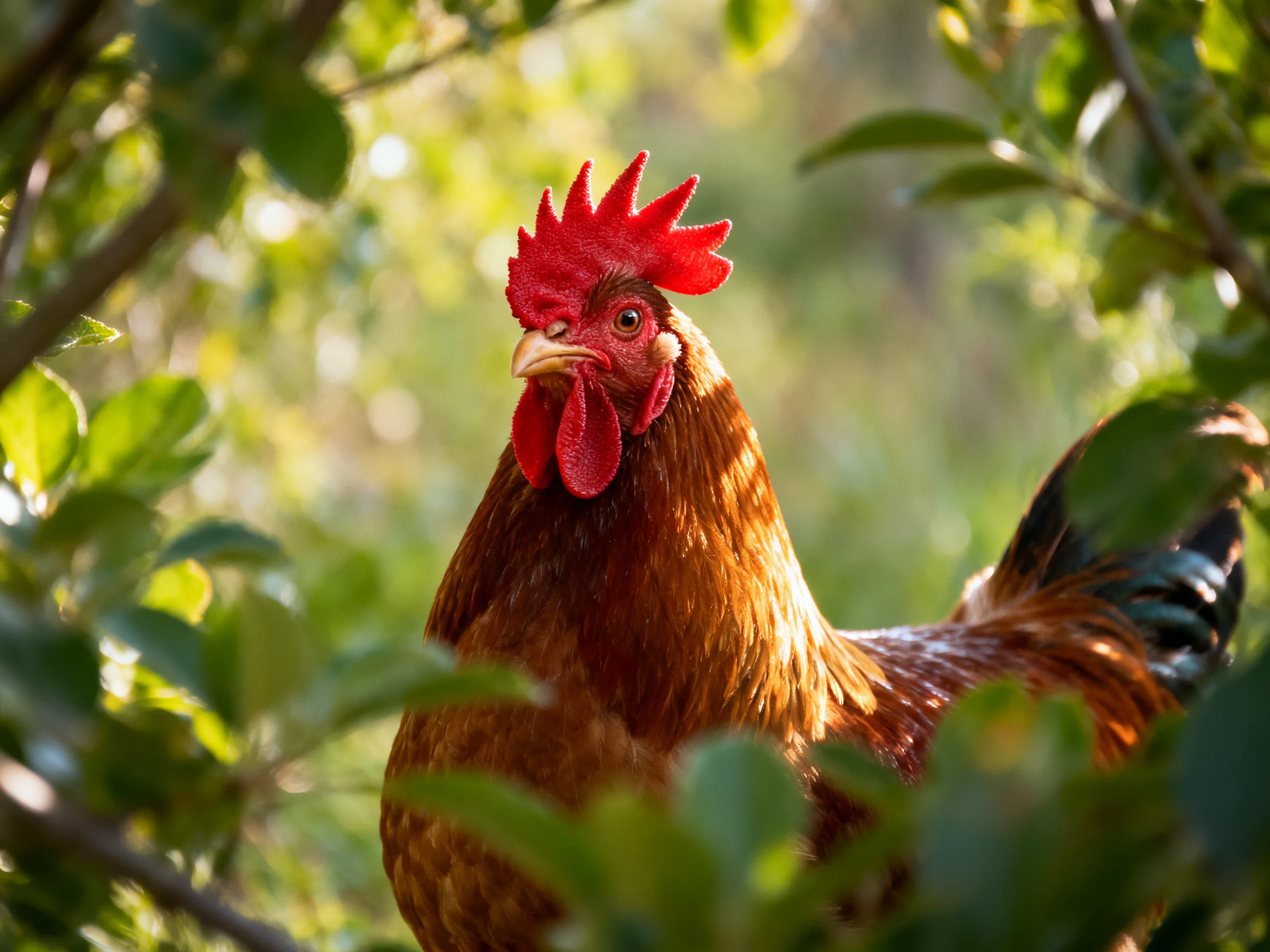 A red-combed rooster nestled among dense green leaves