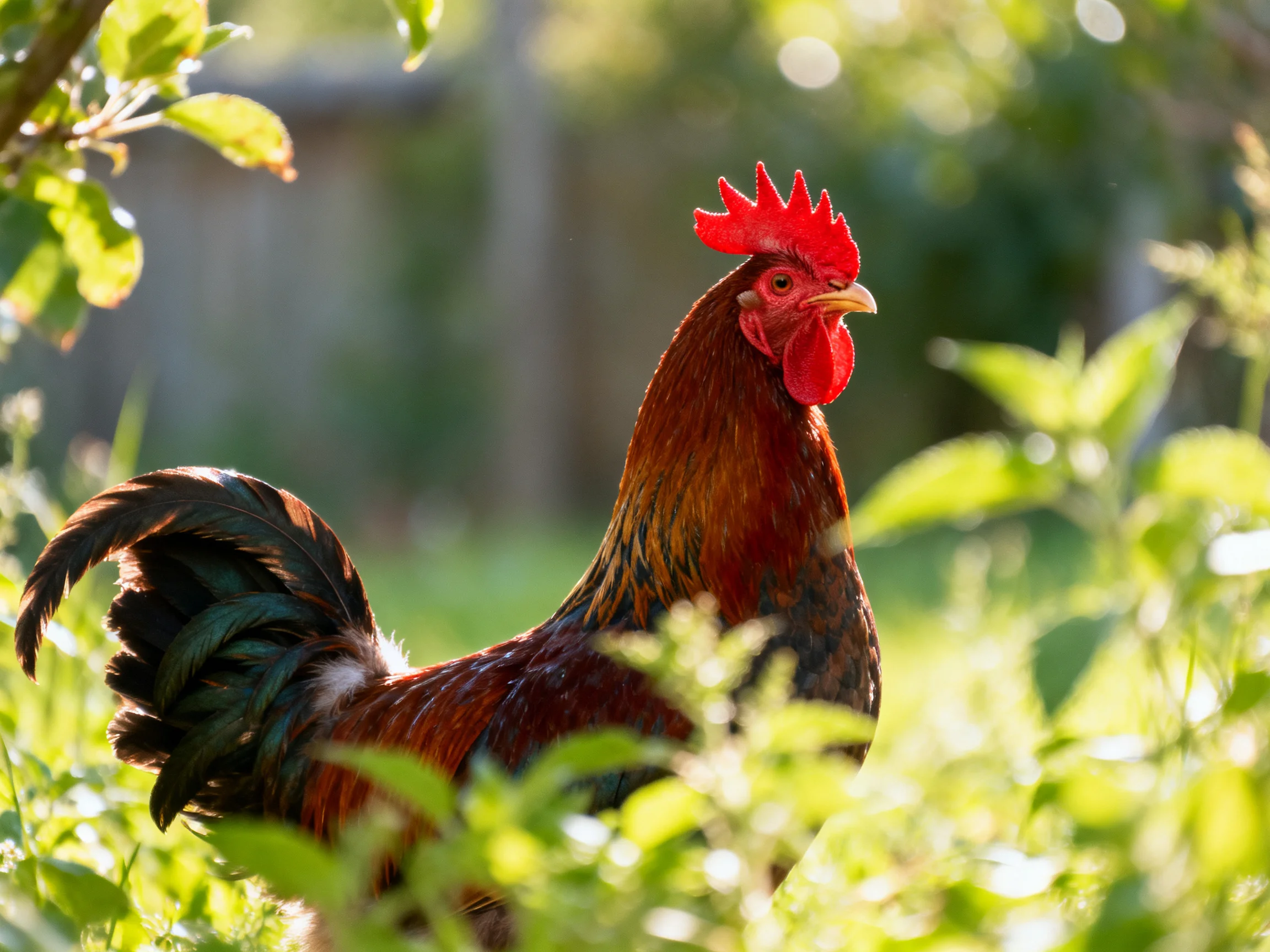 A red-combed rooster standing among lush green garden foliage