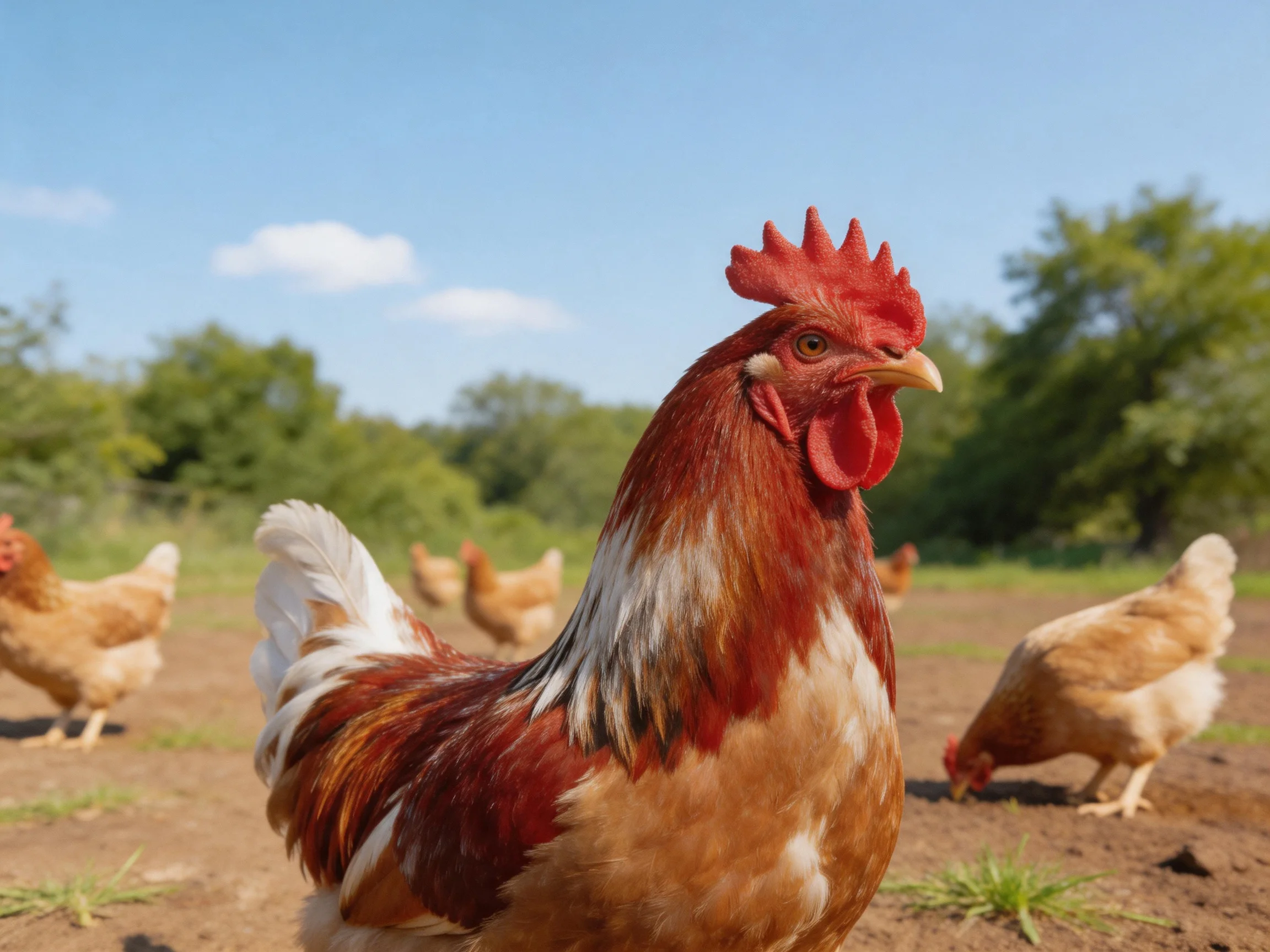 A red-combed rooster with brown and white feathers stands near chickens in a sunny farmyard