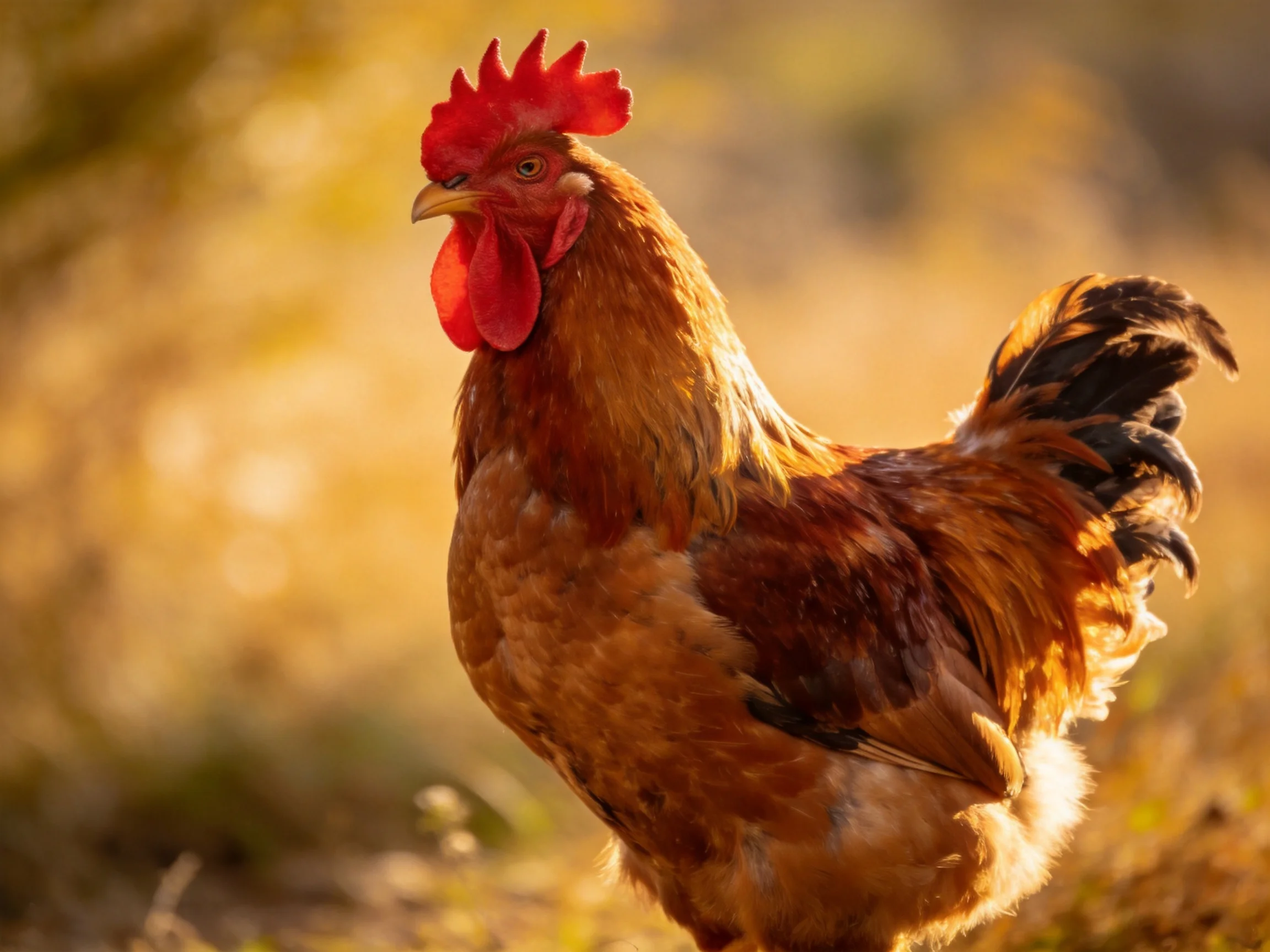 A red-combed rooster with brown feathers in golden outdoor light