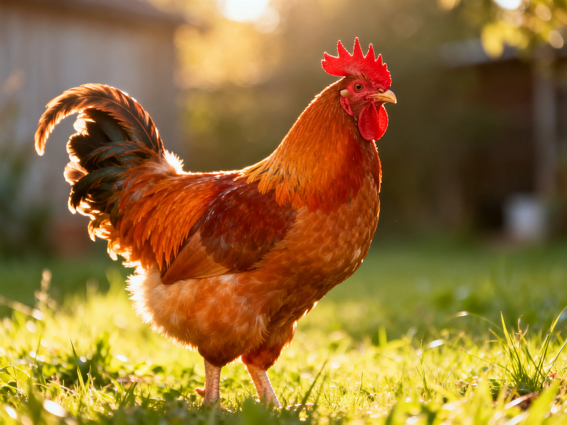 A red-combed rooster with brown feathers stands on sunlit grass near a barn