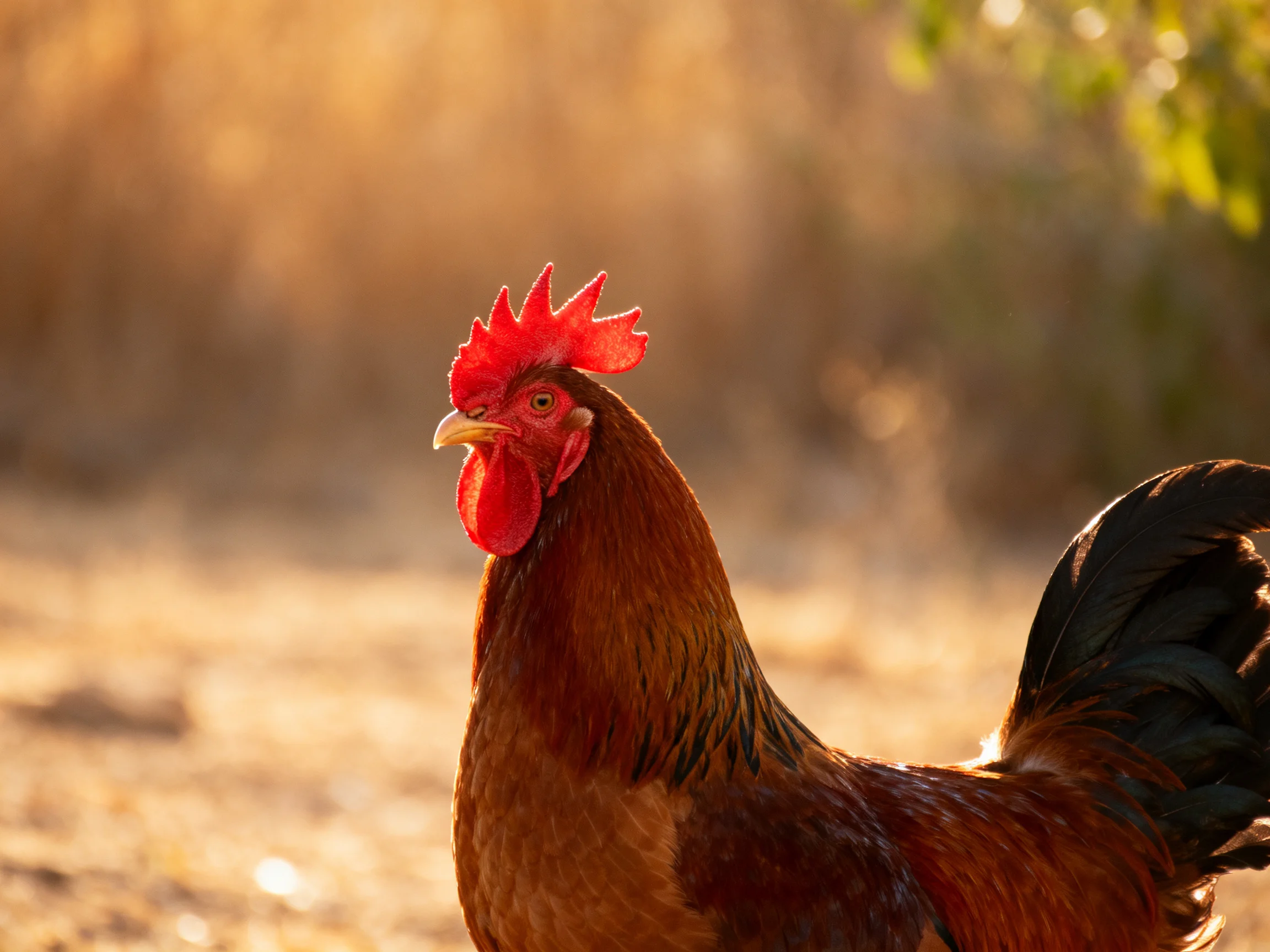 A red-combed rooster with dark tail feathers in a sunlit rural setting