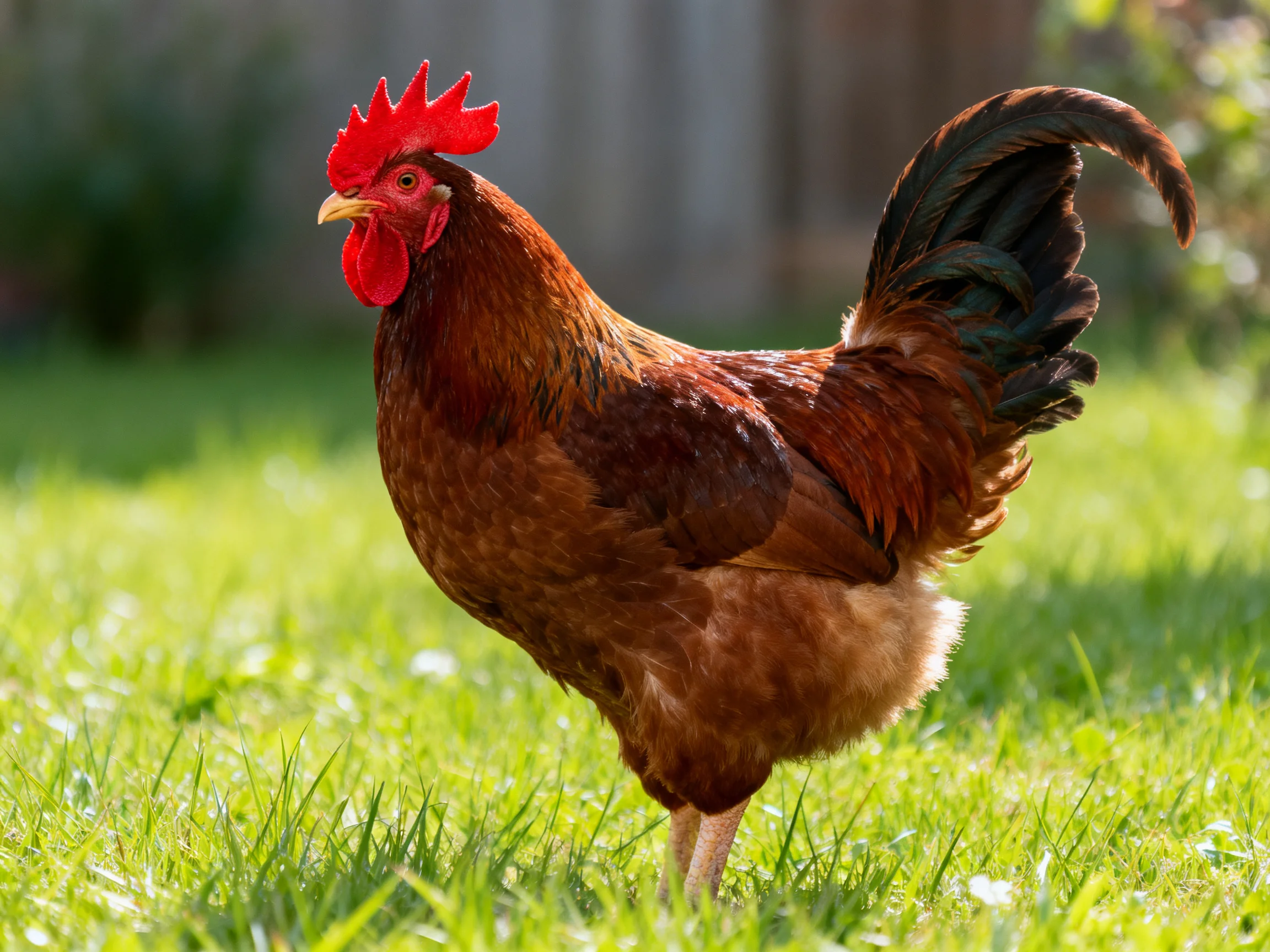 A red-combed rooster with dark-tailed plumage stands on green grass