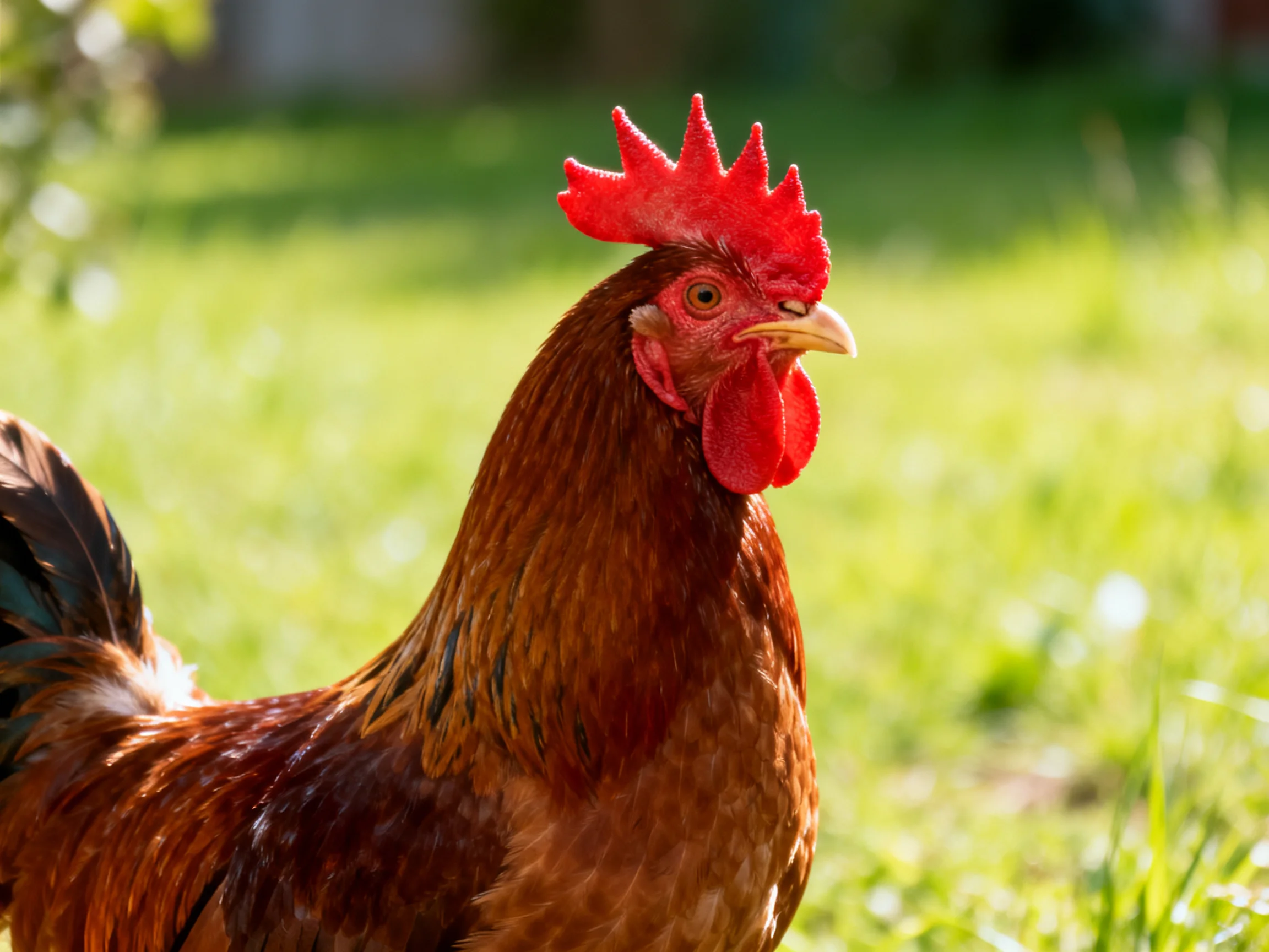 A red-combed rooster with glossy brown feathers in a sun-drenched grassy field