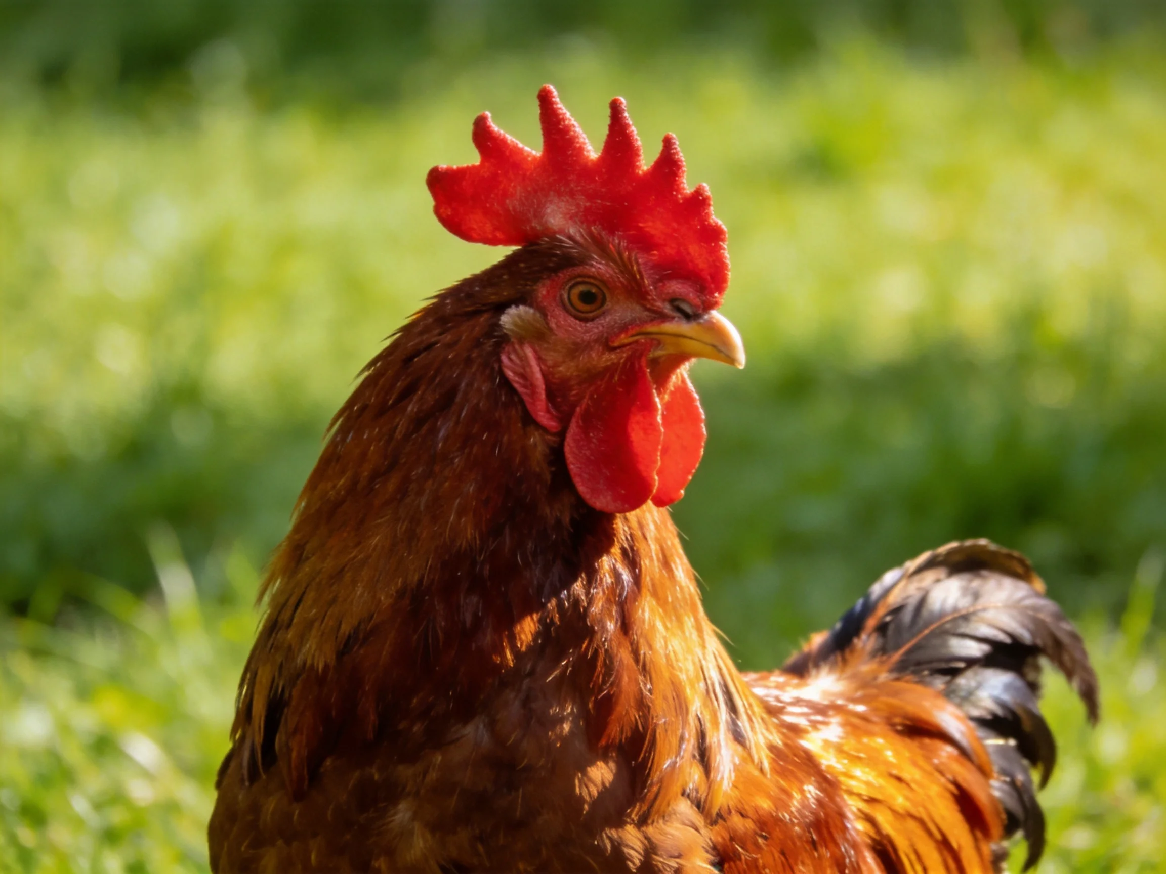 A red-combed rooster with glossy brown plumage in a sunlit meadow