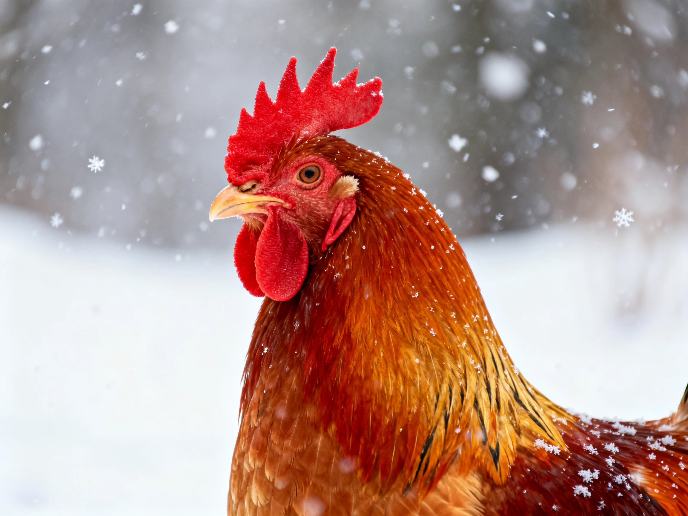 A red-combed rooster with golden-brown feathers amid falling snow