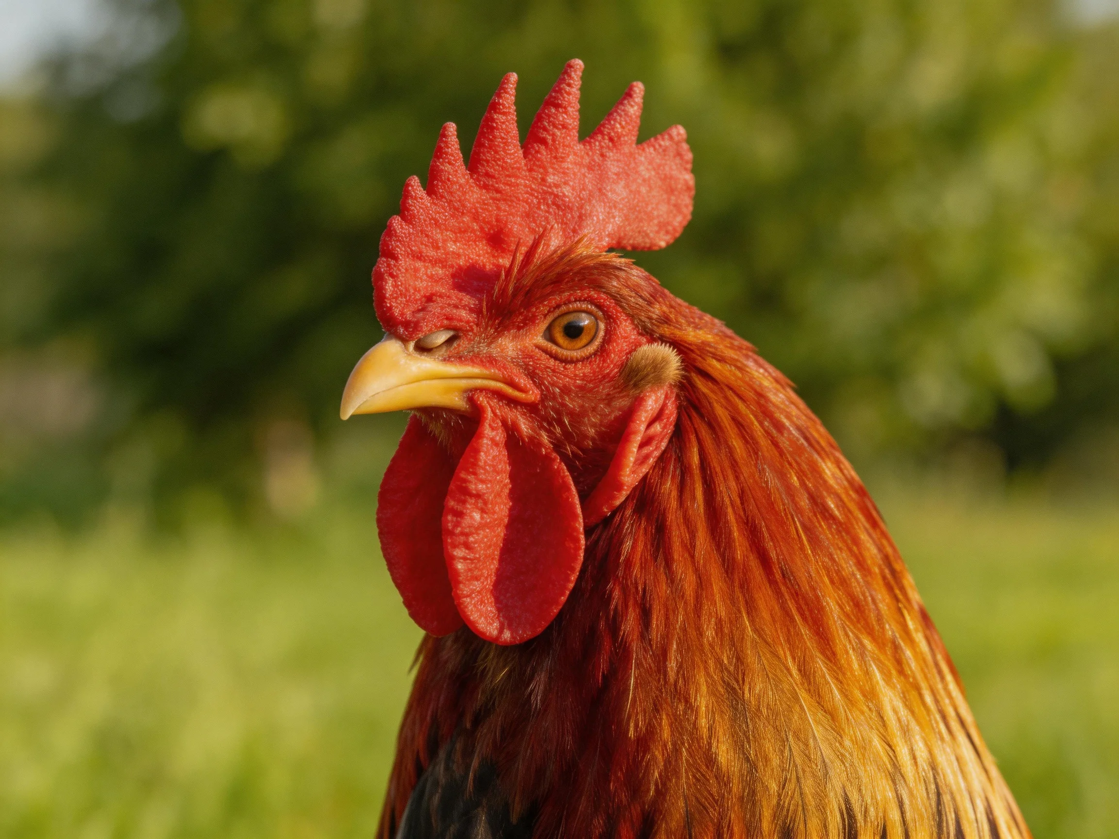 A red-combed rooster is shown in a sunlit area with greenery in the background.