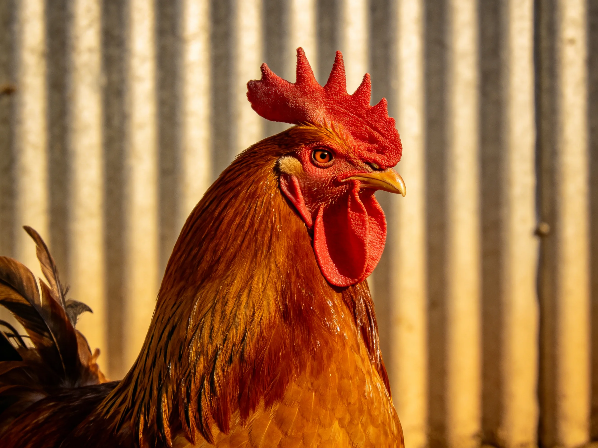 A red-combed rooster with golden-brown plumage stands before a corrugated metal structure