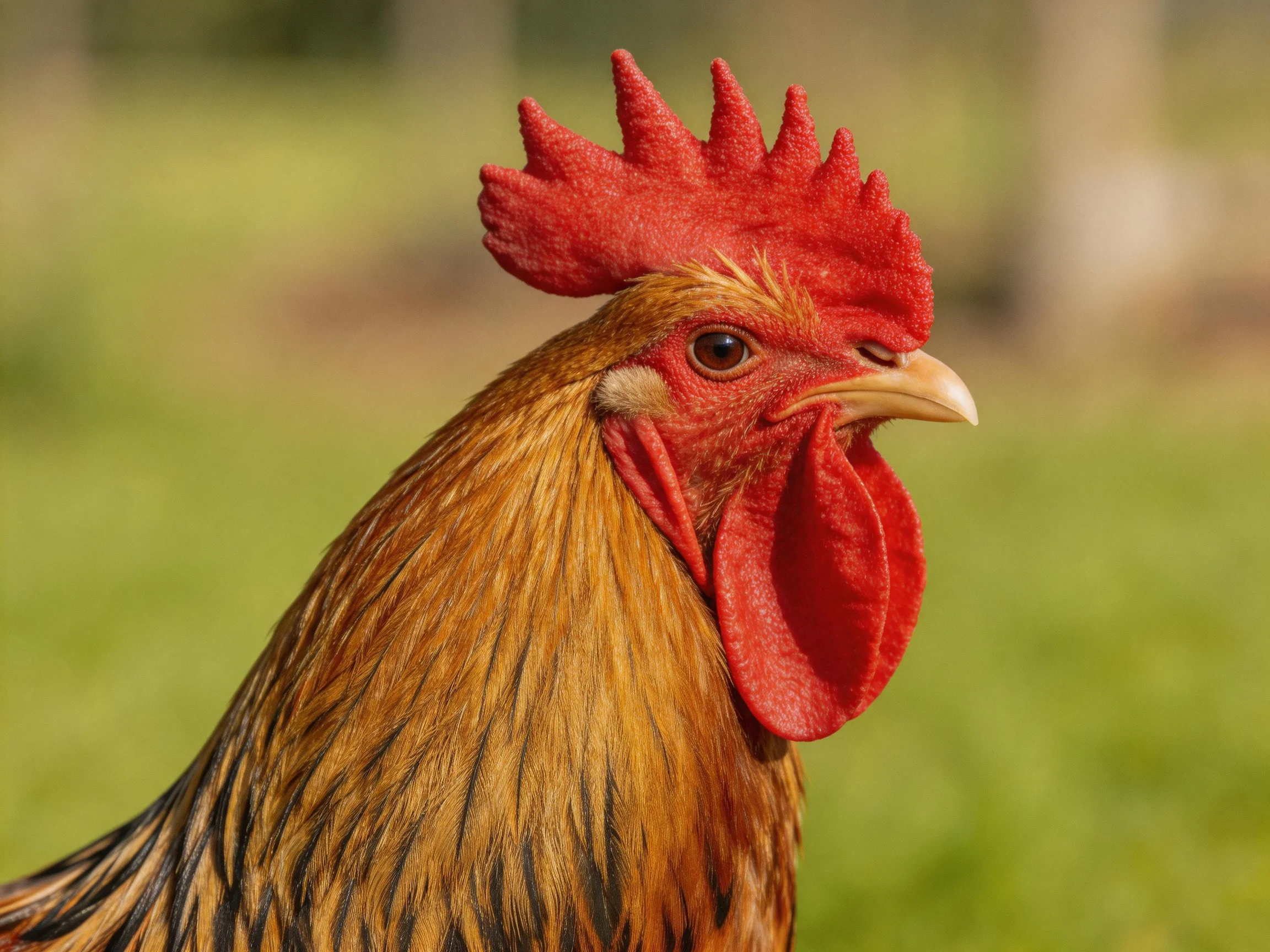 A red-combed rooster with golden plumage in an outdoor setting